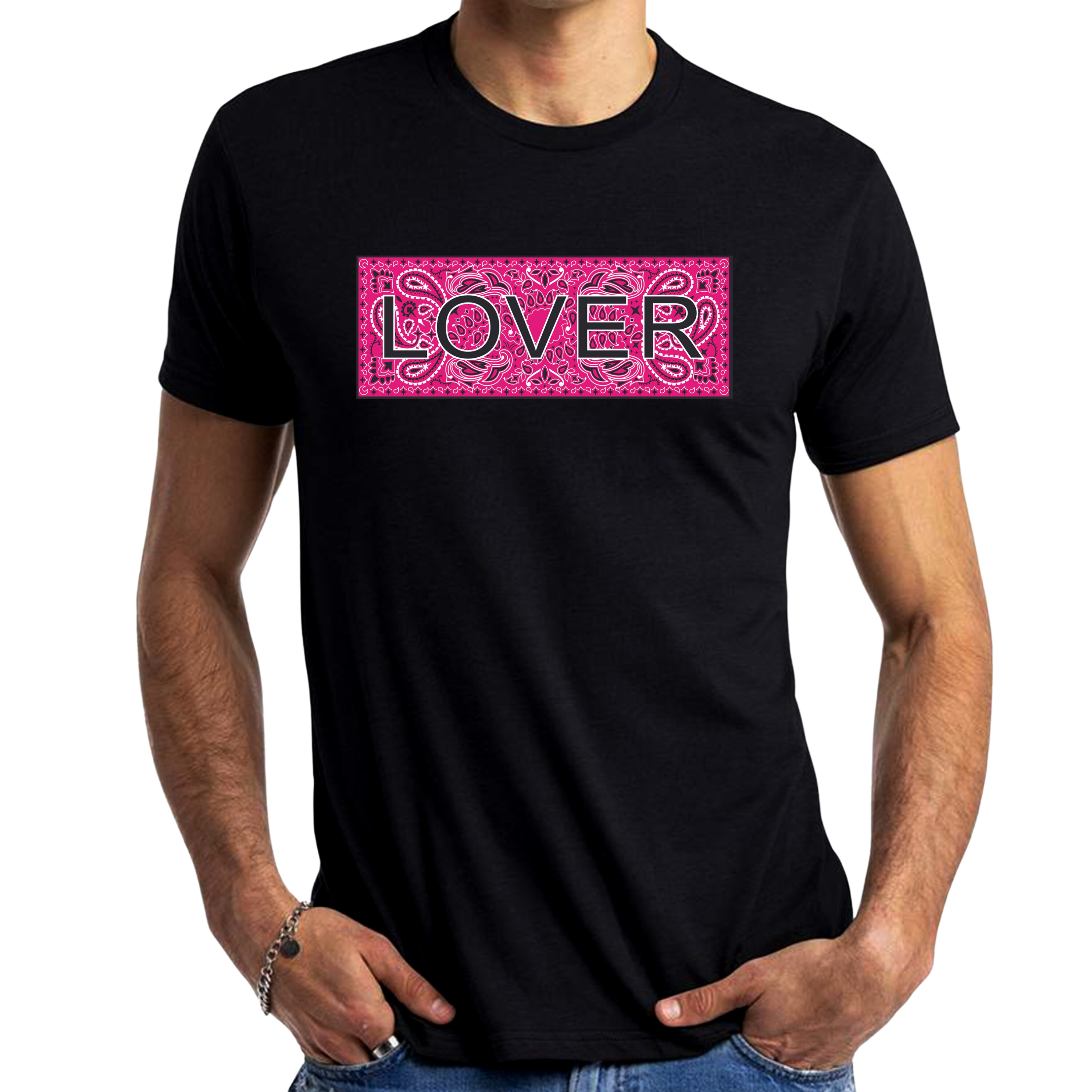 LOVER T-Shirt by Fryed Candy - Black t-shirt with pink and white 'LOVER' design on a white background