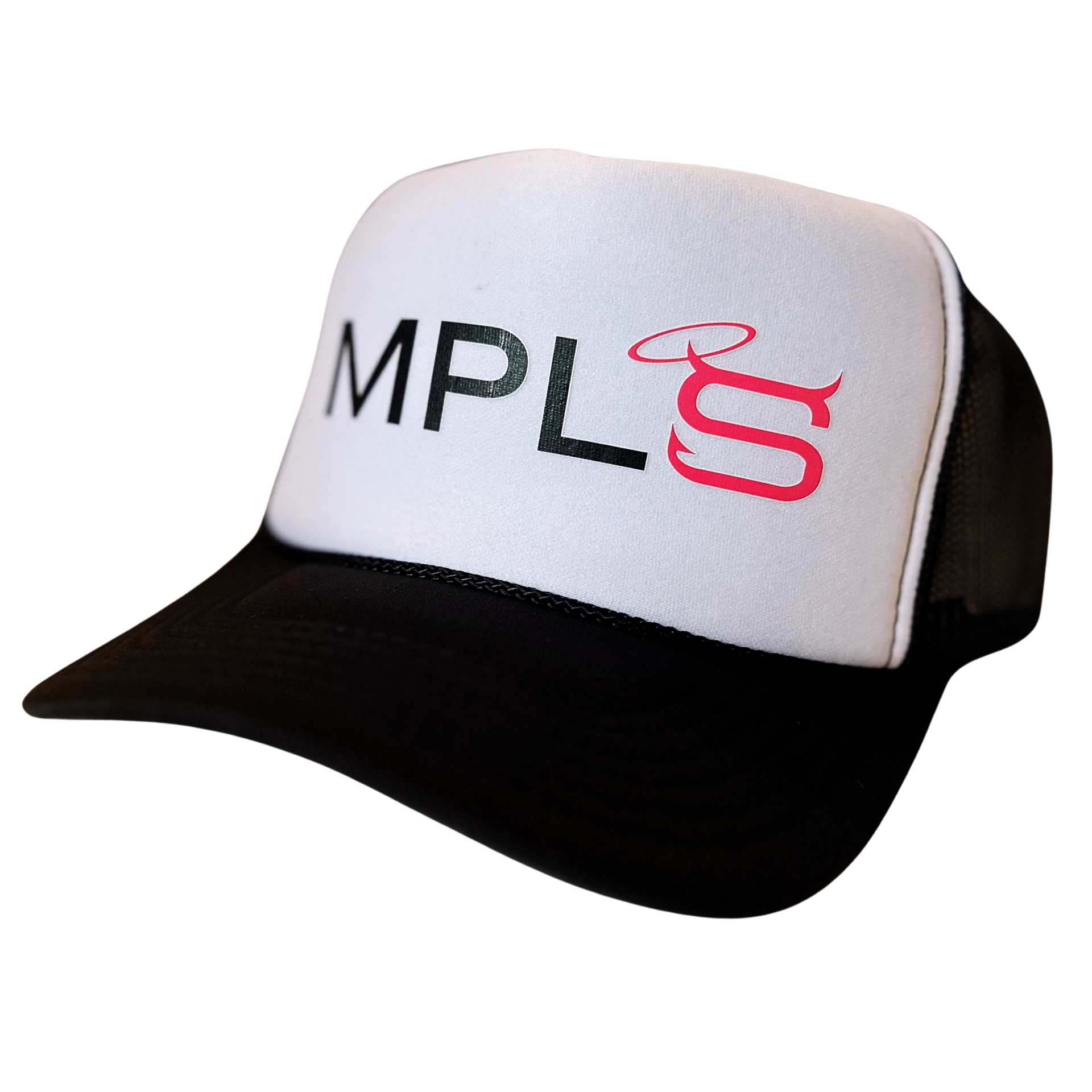 Saloon Hat by Fryed Candy - White and black trucker hat with 'MPLS' logo on a white background