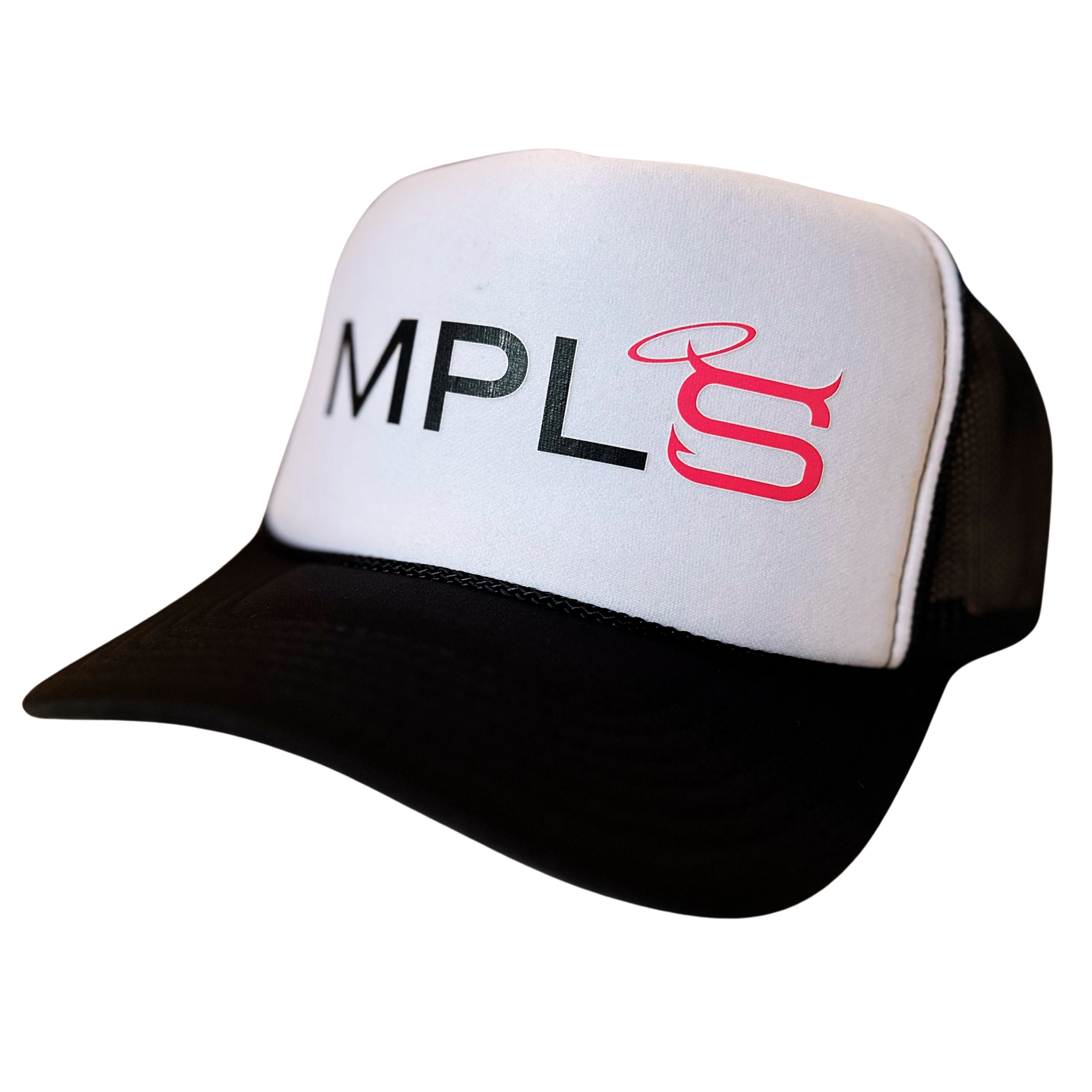 Saloon Hat by Fryed Candy - White and black trucker hat with 'MPLS' logo on a white background