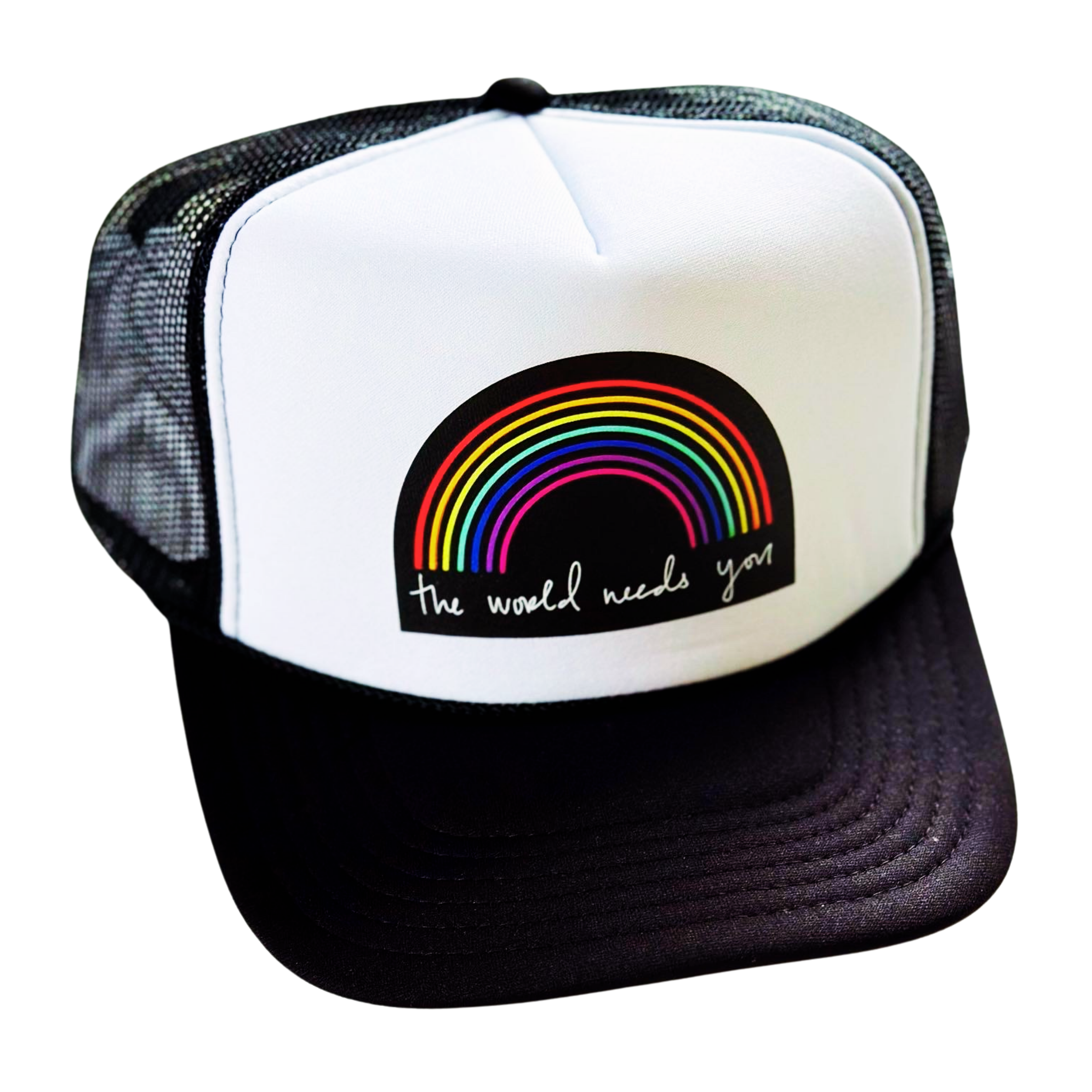 The World Needs You Black Hat by Fryed Candy - Trucker hat with rainbow design and text 'the world needs you' on a white background