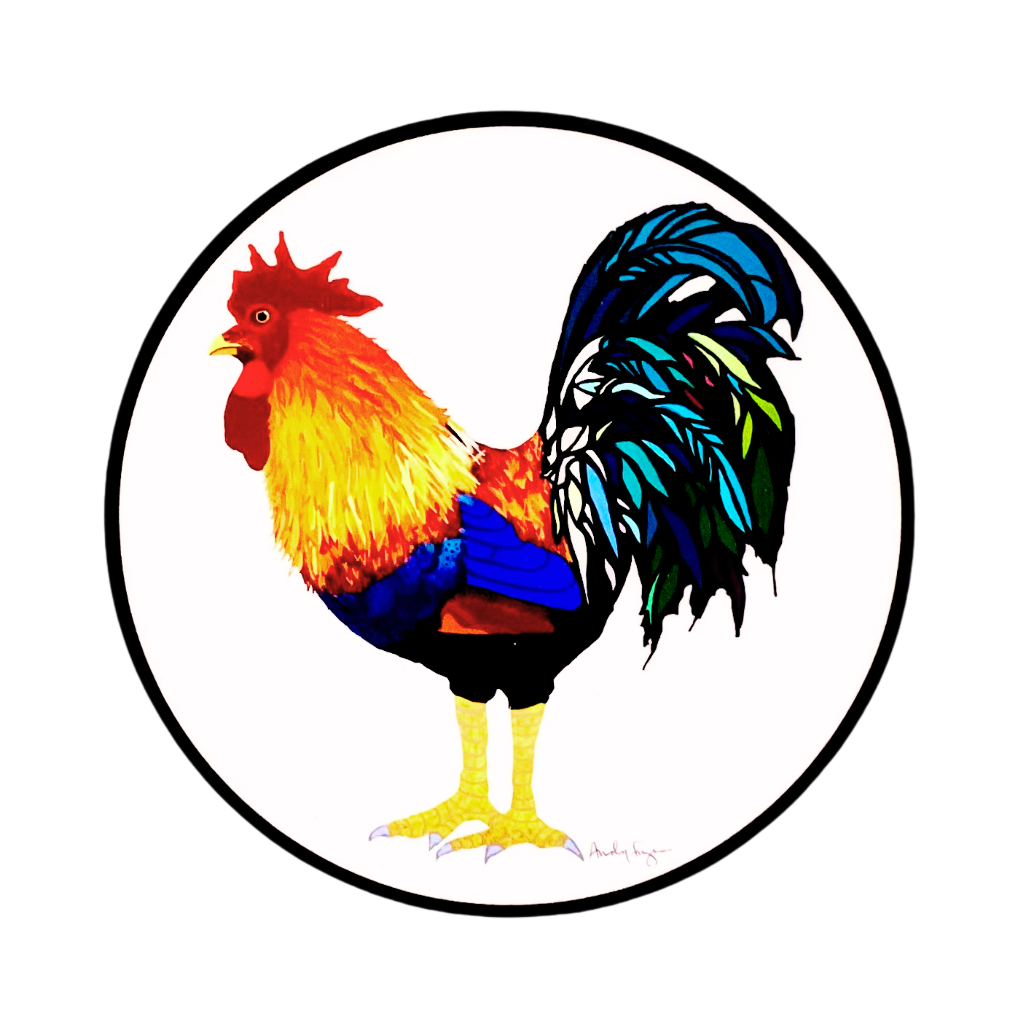 Cock Sticker by Fryed Candy - Colorful rooster illustration inside a black circle on a white background
