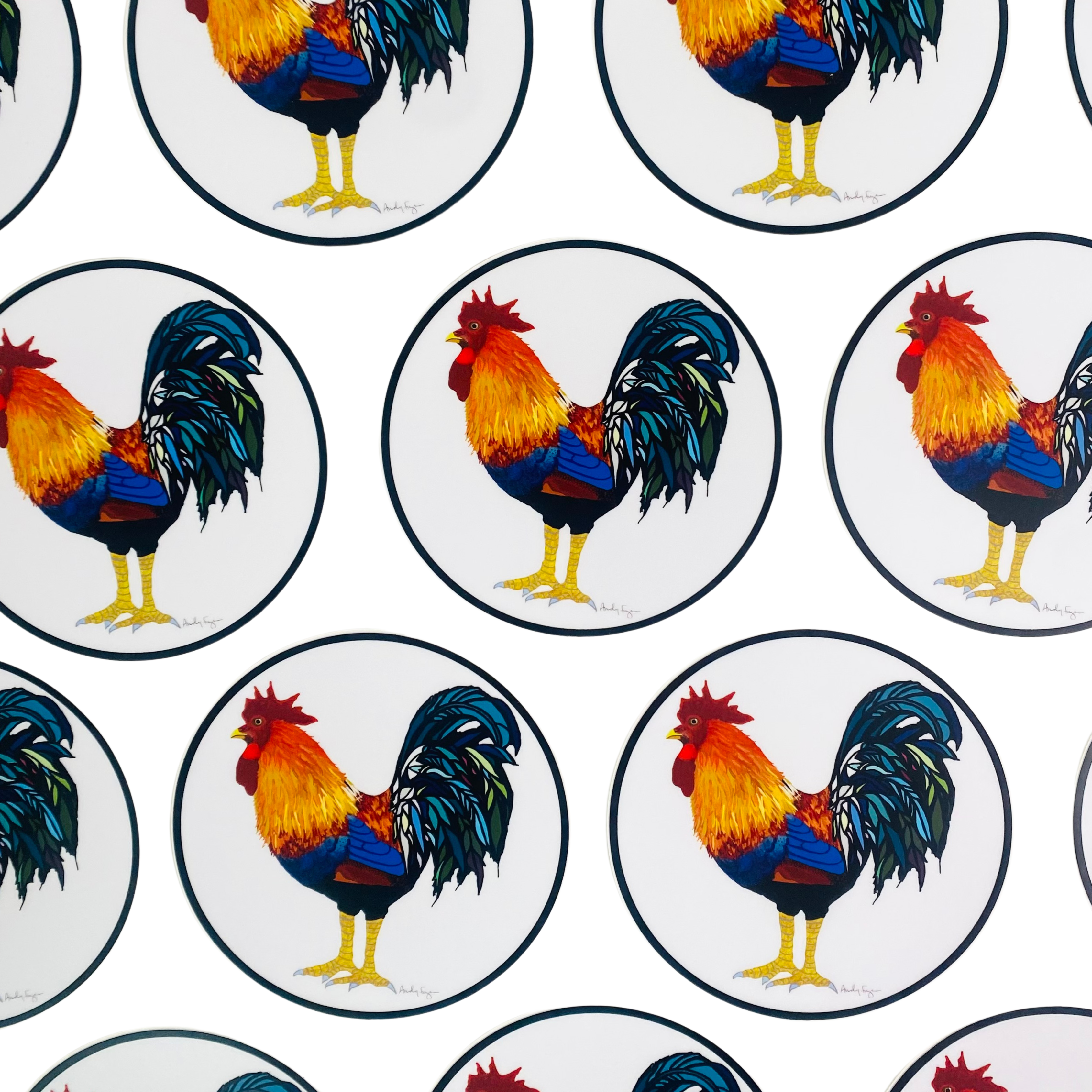 Pattern of colorful rooster illustrations on a white background