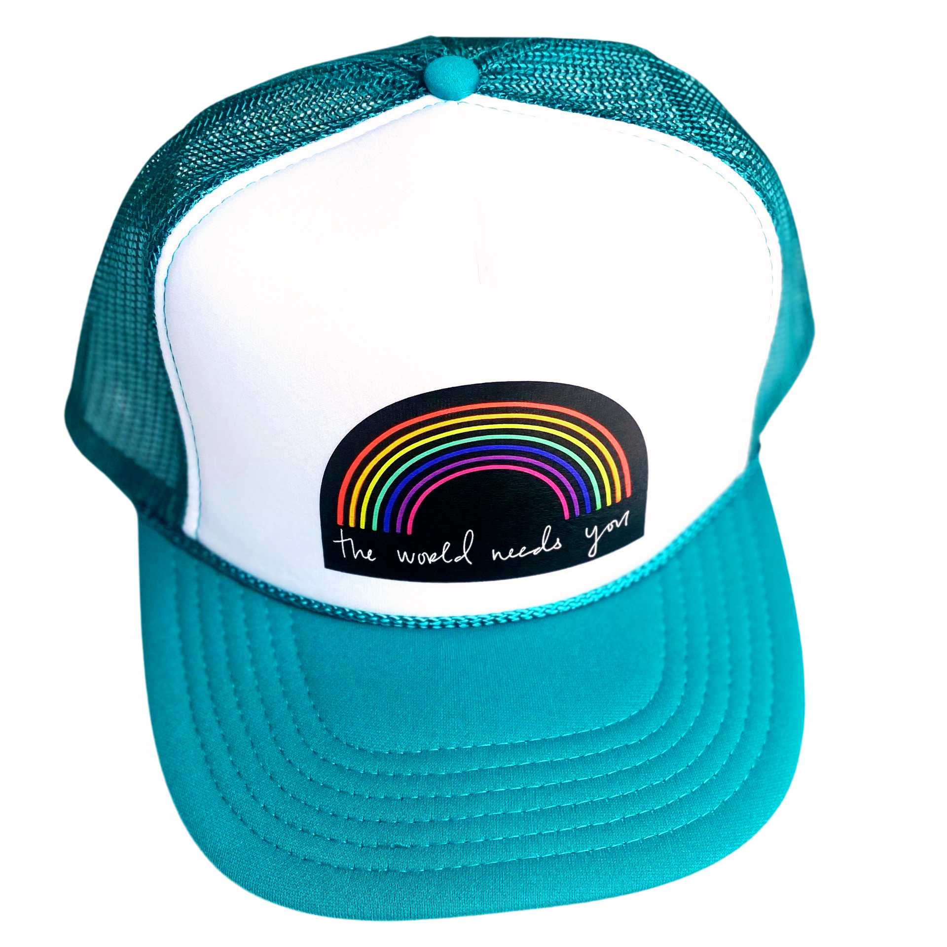 The World Needs You Teal Hat by Fryed Candy - Turquoise and white cap with rainbow design and text on a transparent background