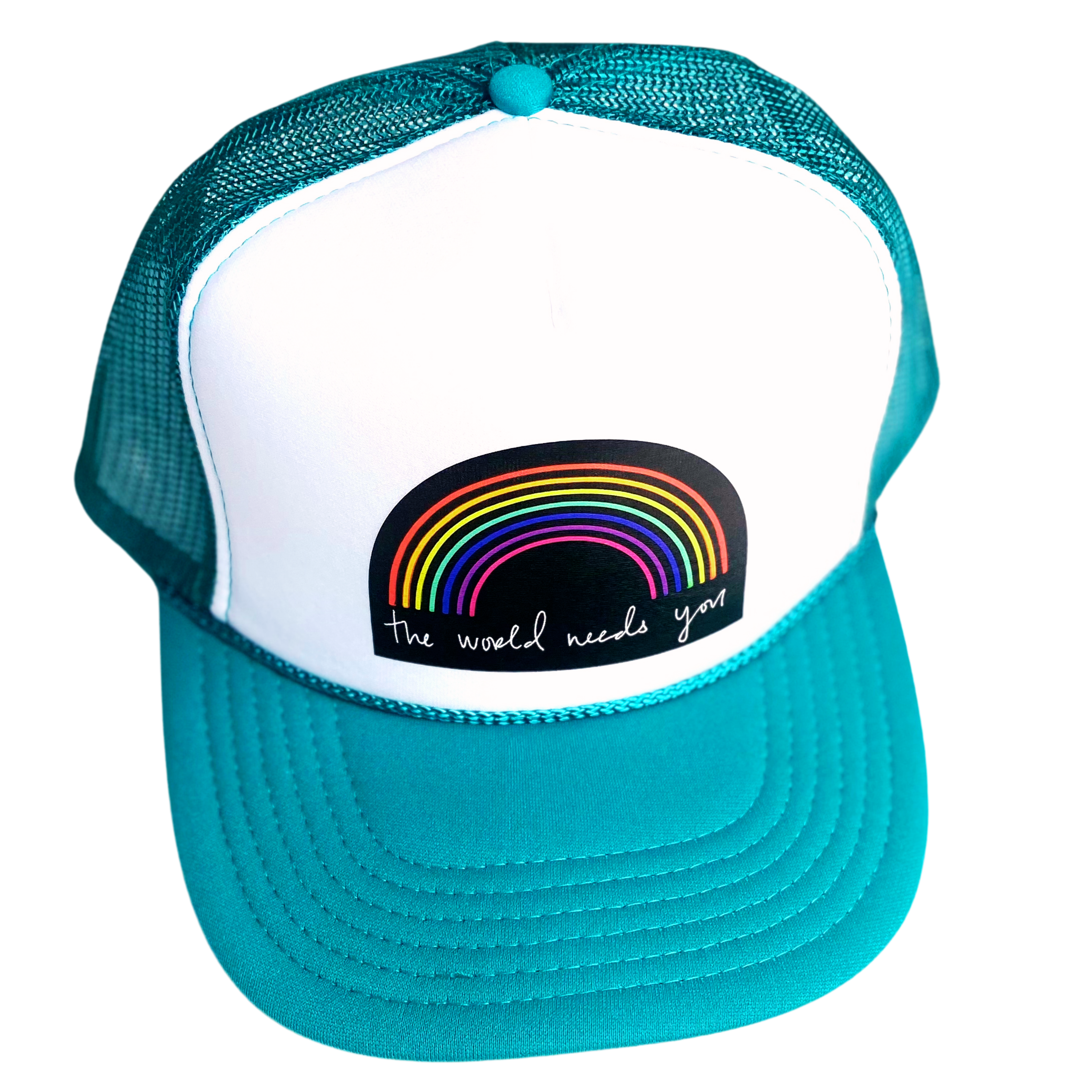 The World Needs You Teal Hat by Fryed Candy - Turquoise and white cap with rainbow design and text on a transparent background