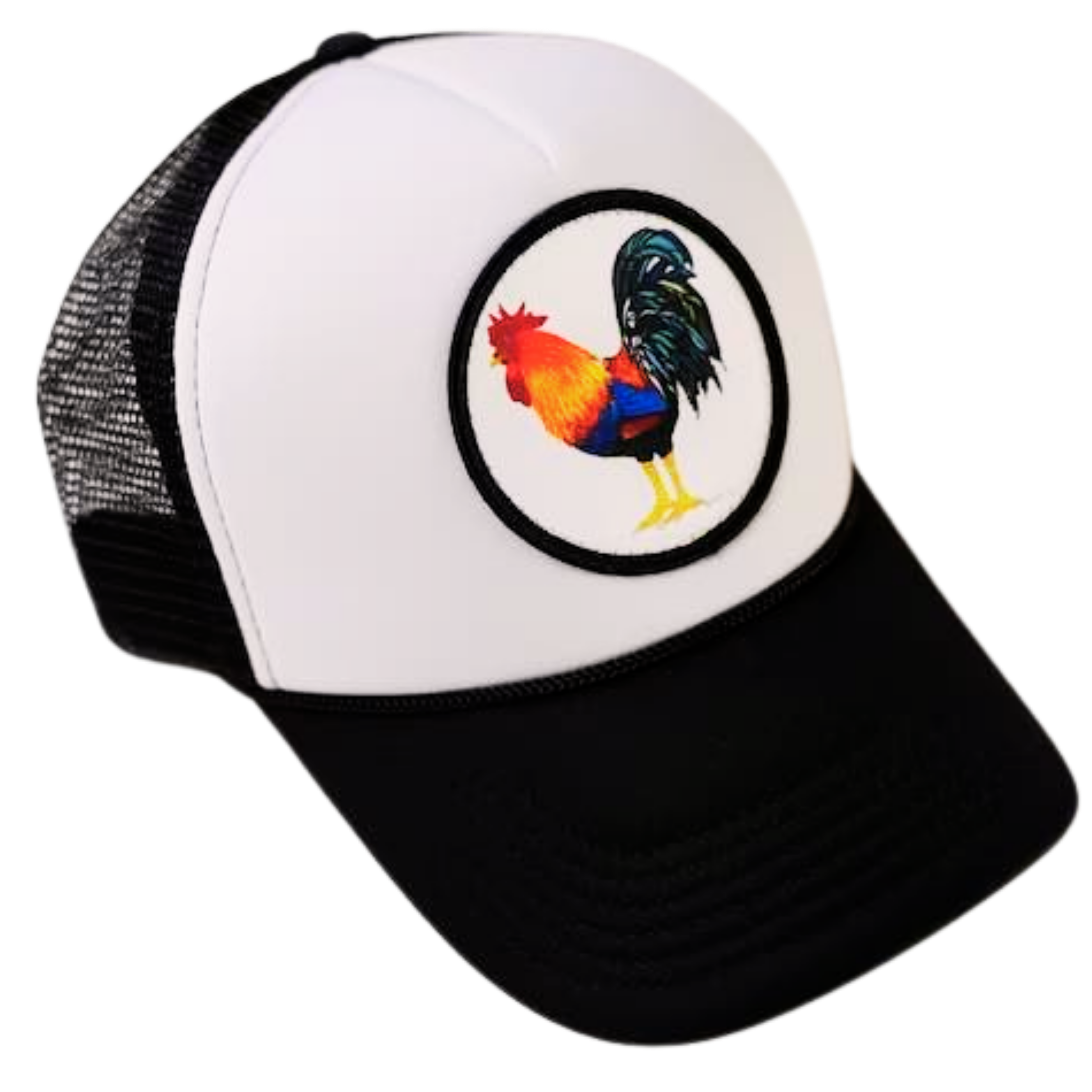 Cock Hat by Fryed Candy - White and black cap with a colorful rooster design on a white background