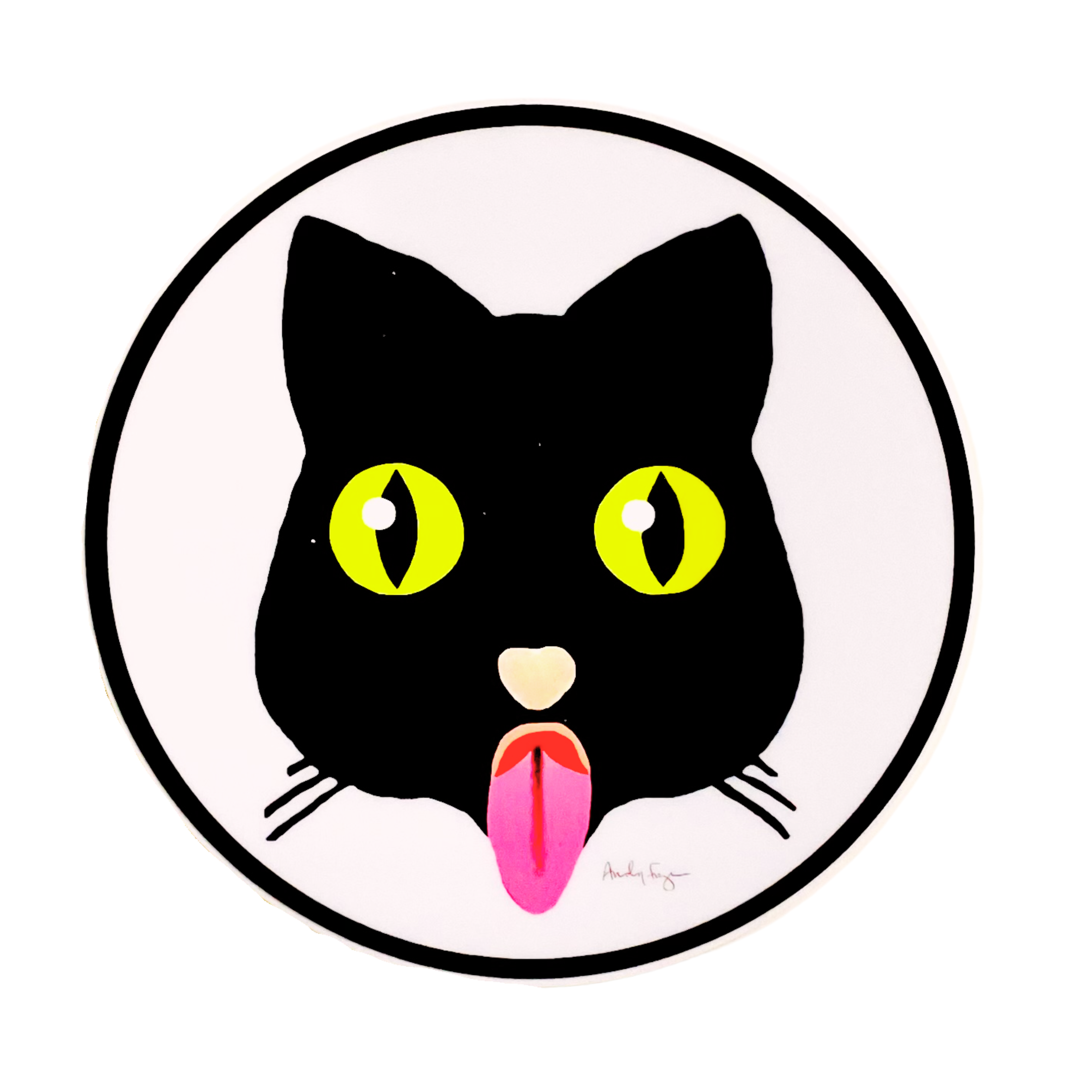 Puss Sticker by Fryed Candy - Illustration of a black cat with yellow eyes and a pink tongue on a white background