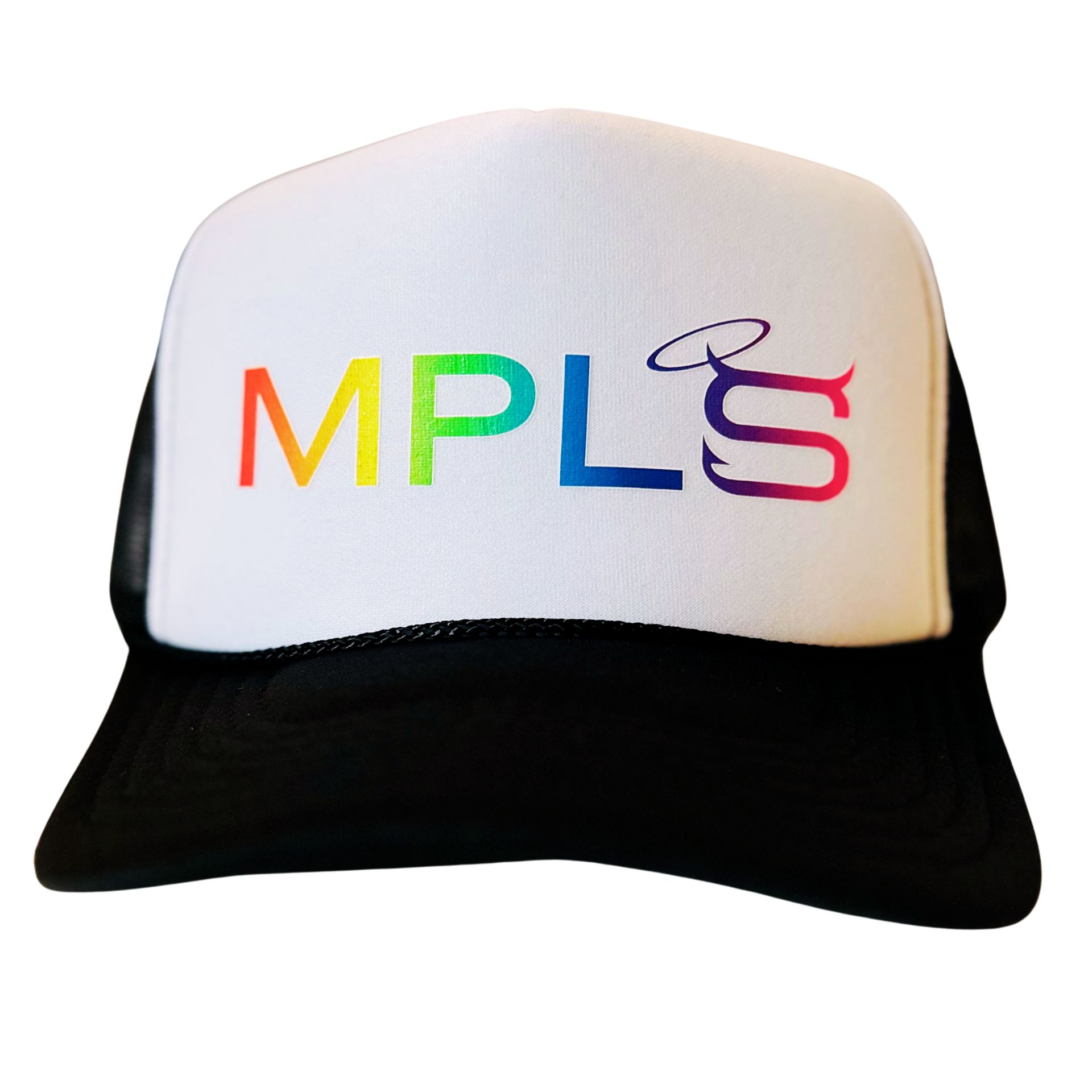 Saloon Hat by Fryed Candy - White cap with rainbow-colored 'MPLS' text on a white background