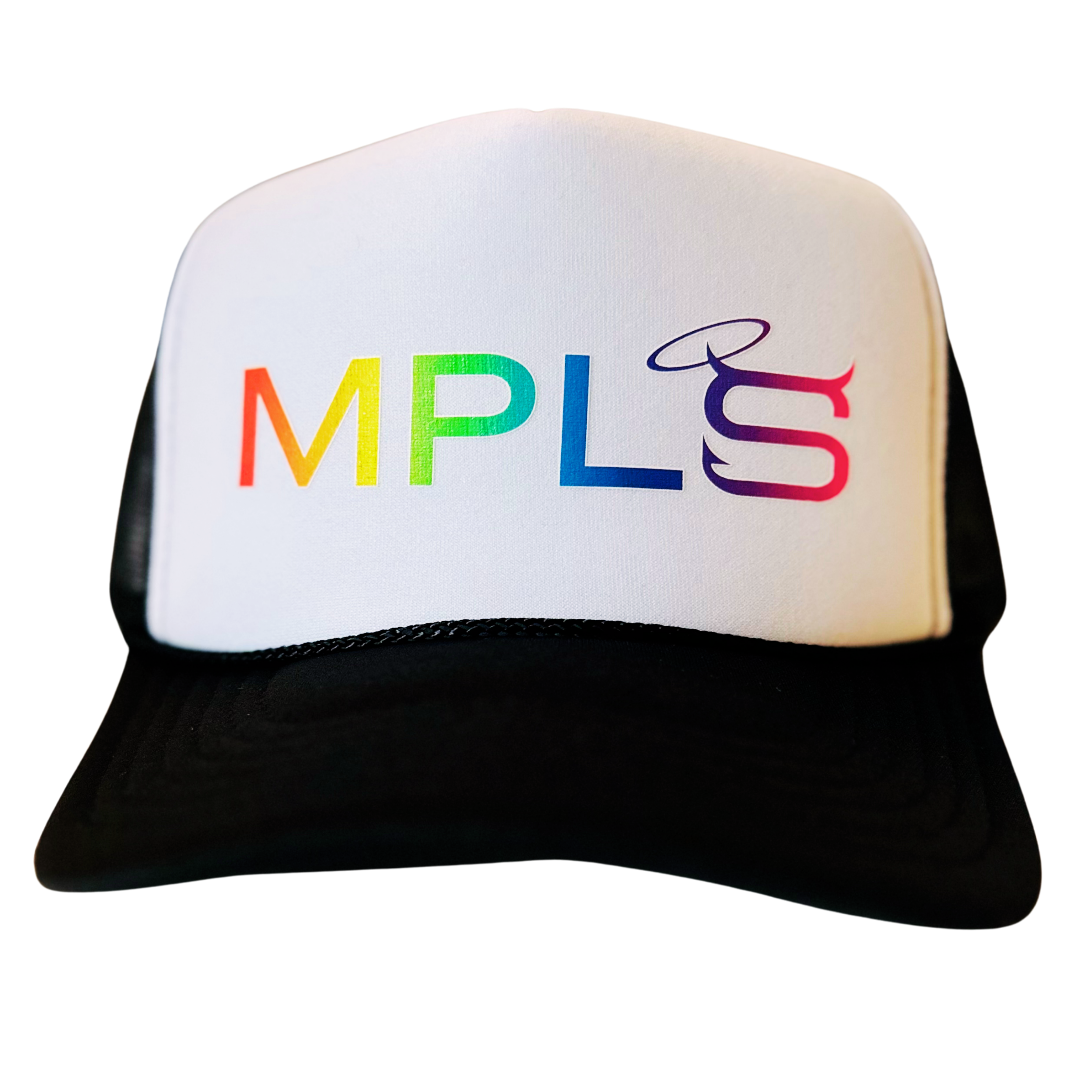 Saloon Hat by Fryed Candy - White cap with rainbow-colored 'MPLS' text on a white background