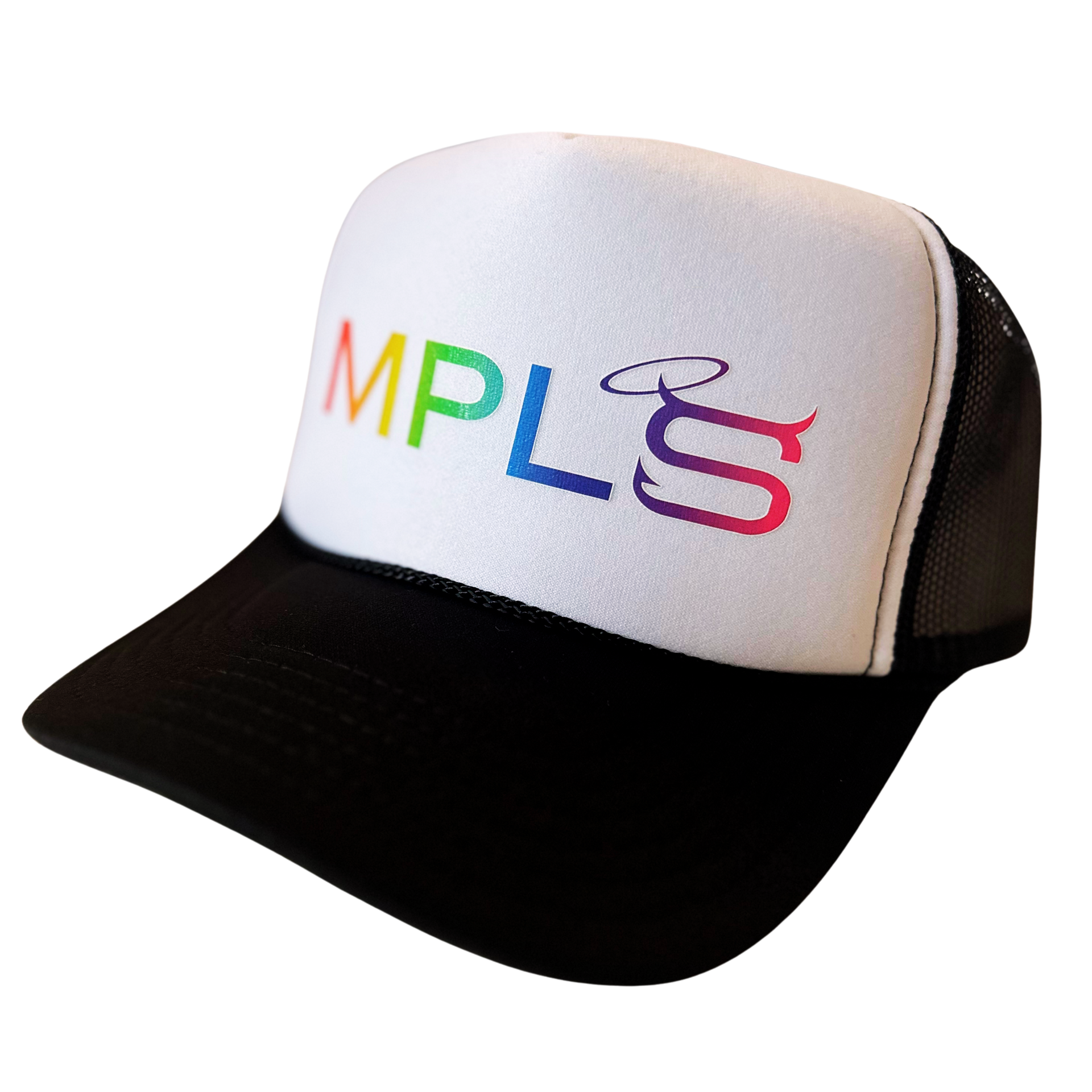 Saloon Hat by Fryed Candy - Trucker hat with colorful 'MPLS' logo on a white background
