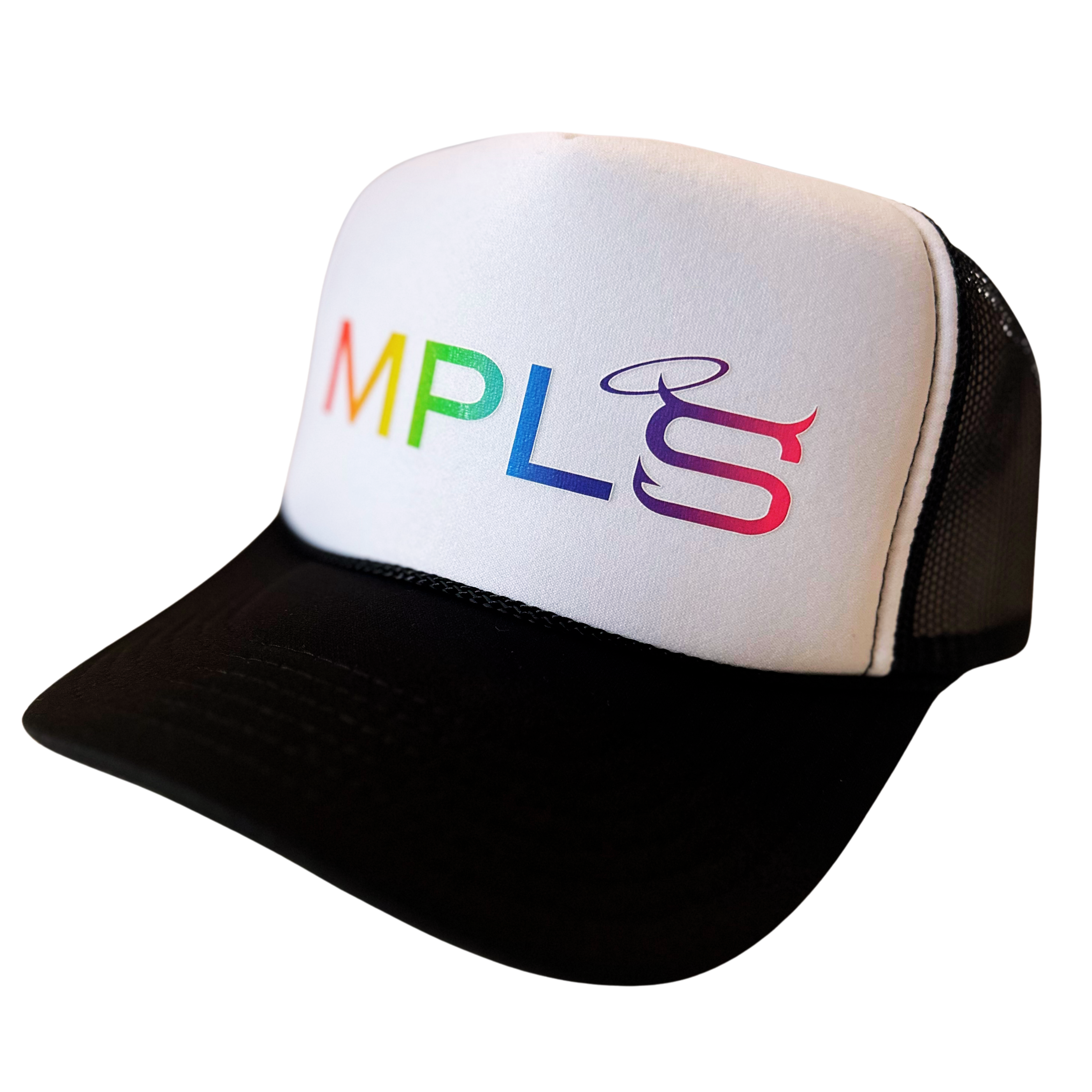 Saloon Hat by Fryed Candy - Trucker hat with colorful 'MPLS' logo on a white background