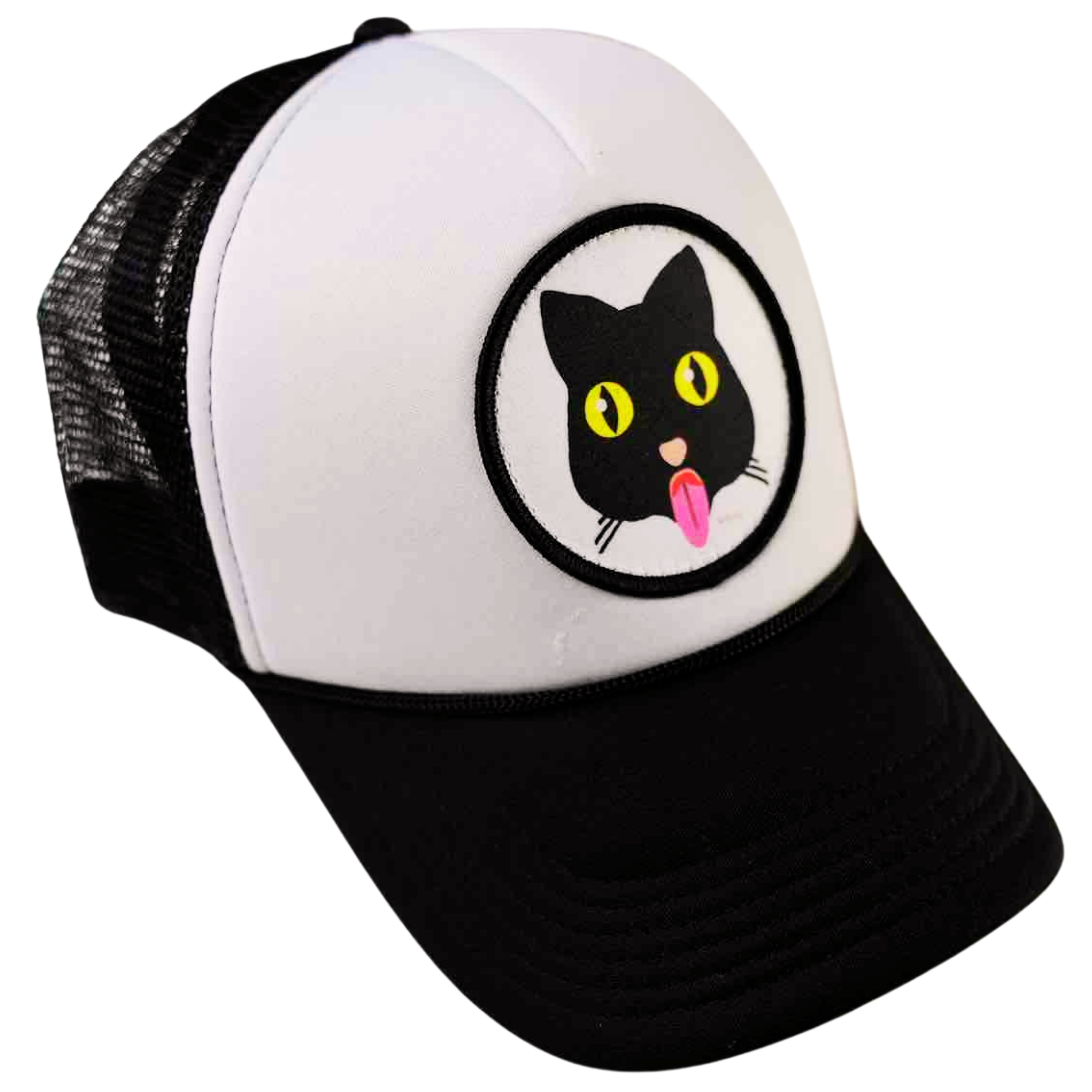 Puss Hat by Fryed Candy - White and black cap with a black cat graphic on a white background