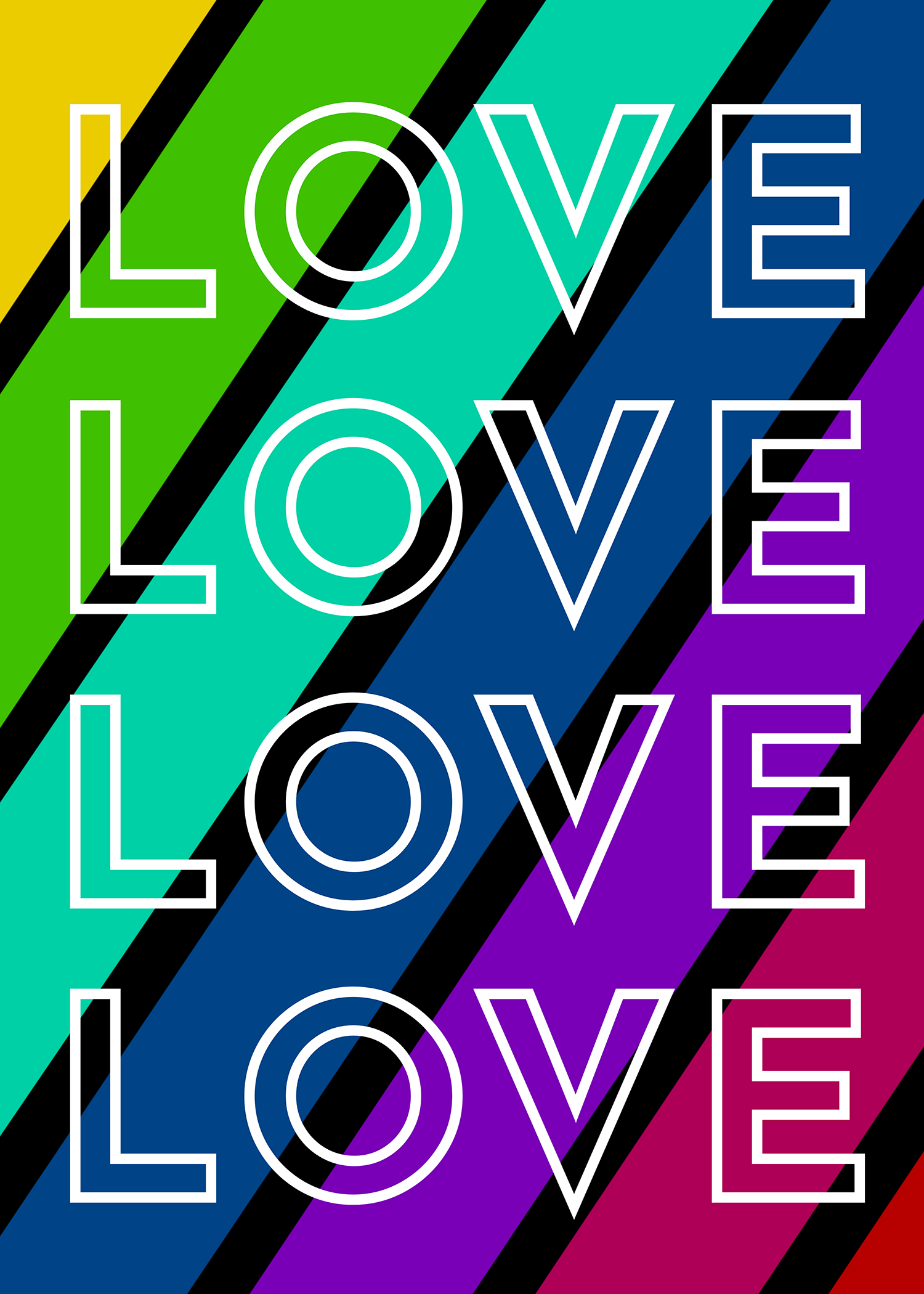 Love Print by Fryed Candy - Colorful striped background with the word 'LOVE' repeated in white.