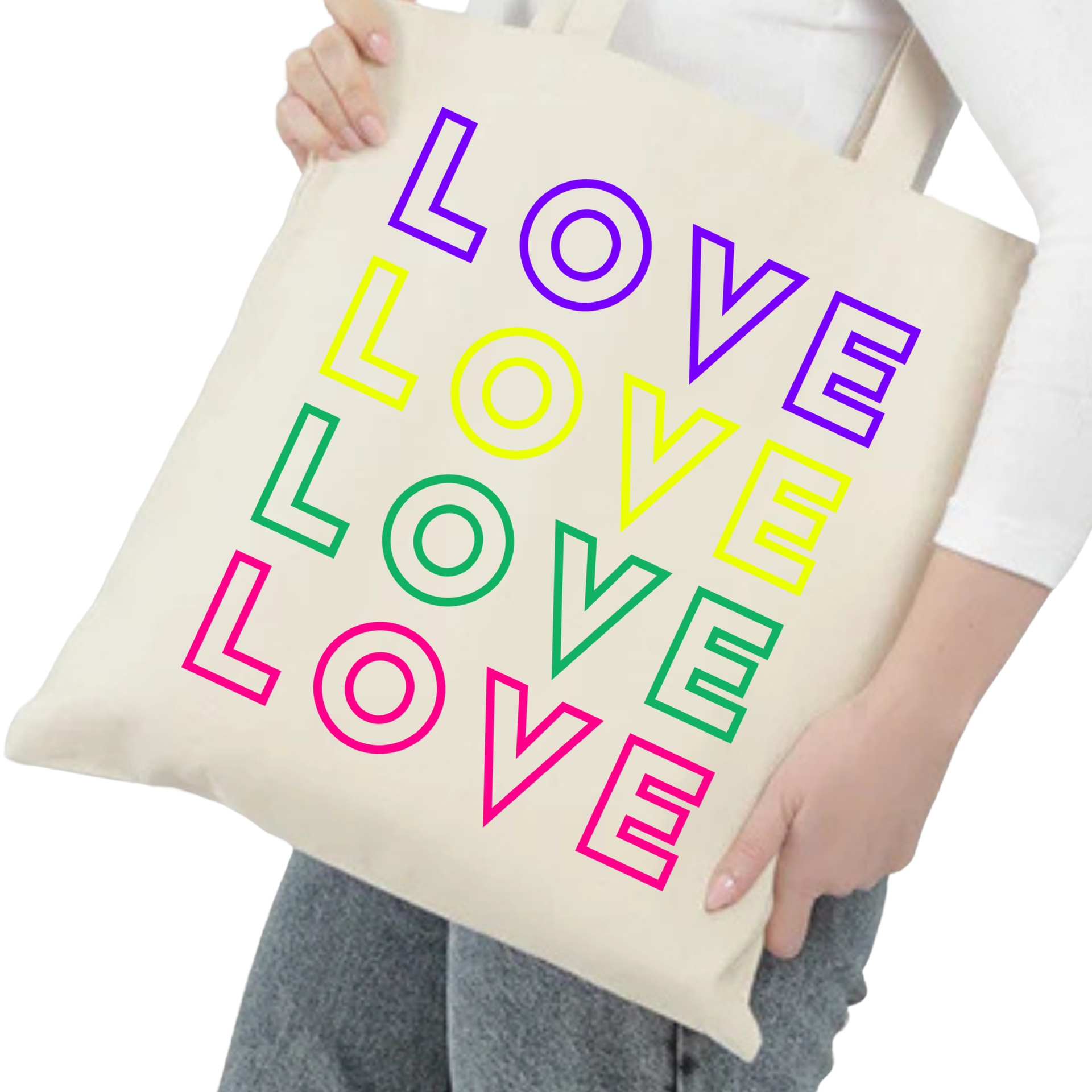 Love Tote by Fryed Candy - Tote bag with 'LOVE' in colorful letters held by a person