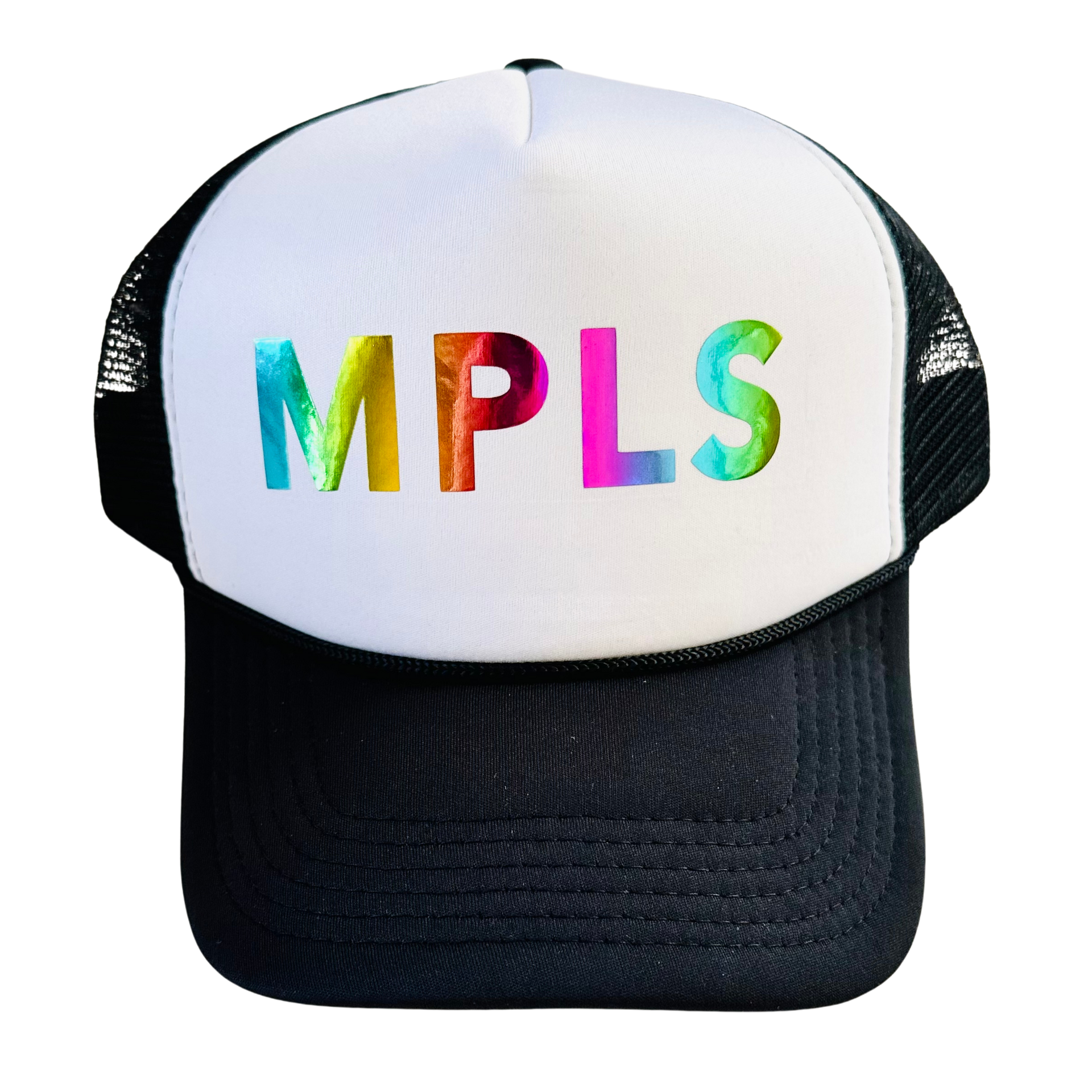 MPLS Hat by Fryed Candy - Trucker hat with 'MPLS' in rainbow colors on a white background