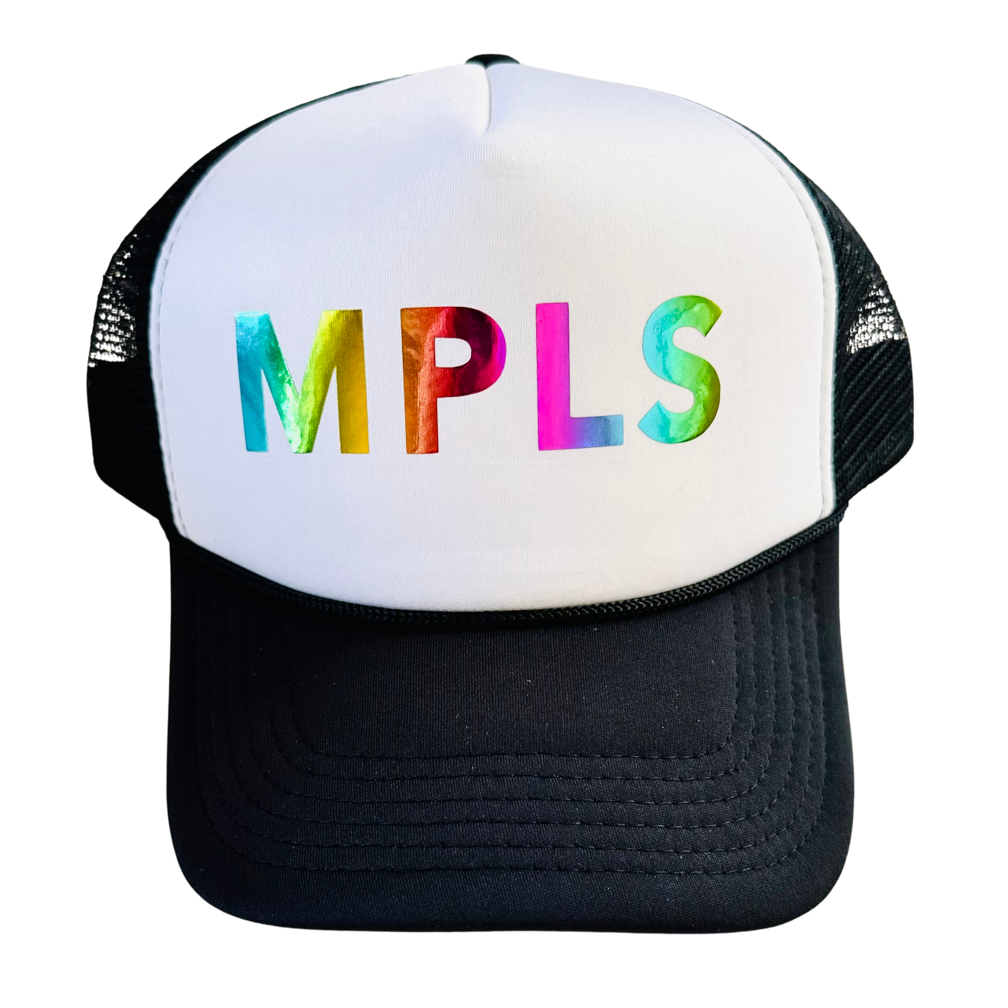 MPLS Hat by Fryed Candy - Trucker hat with 'MPLS' in rainbow colors on a white background