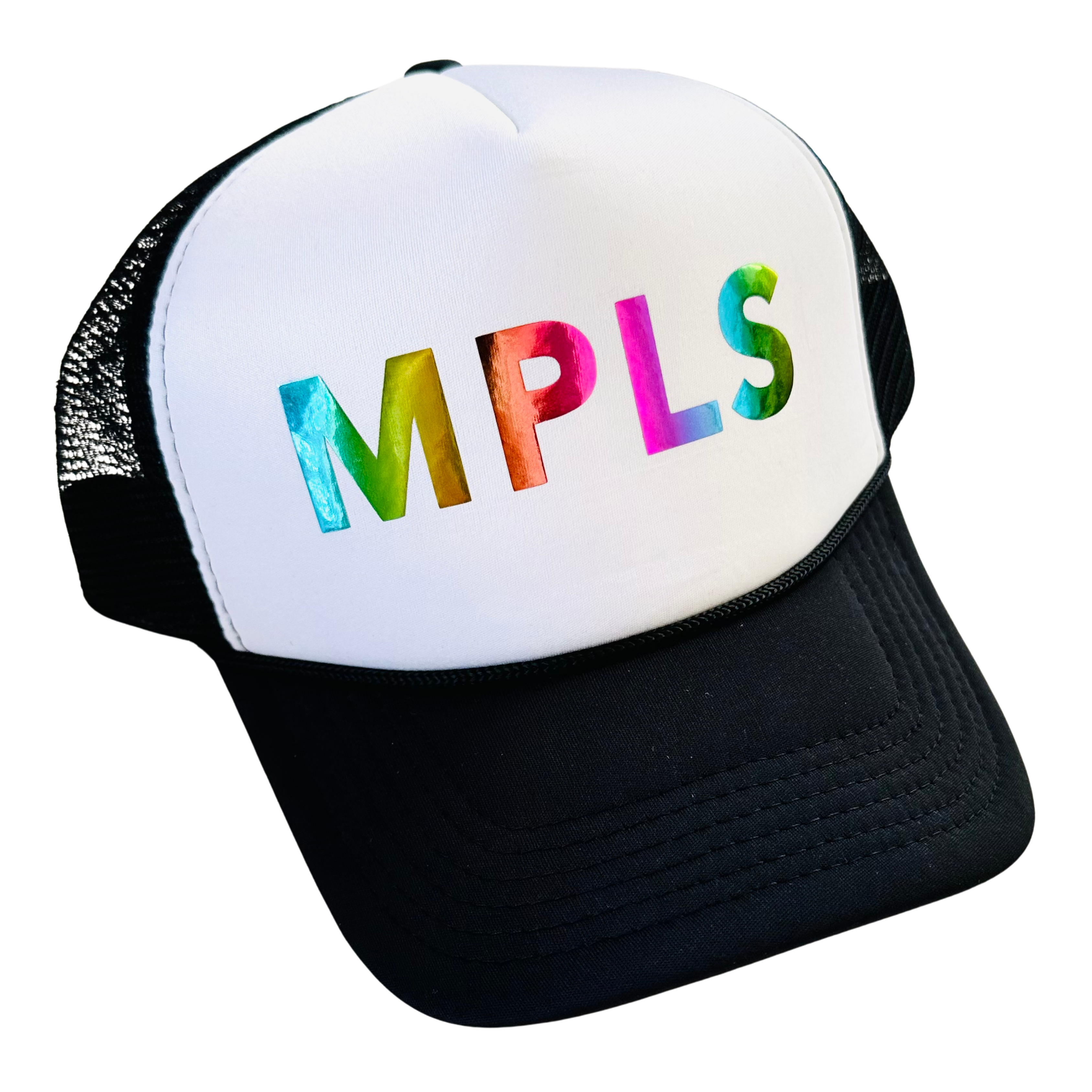 MPLS Hat by Fryed Candy - White cap with black mesh back and colorful 'MPLS' text on a white background