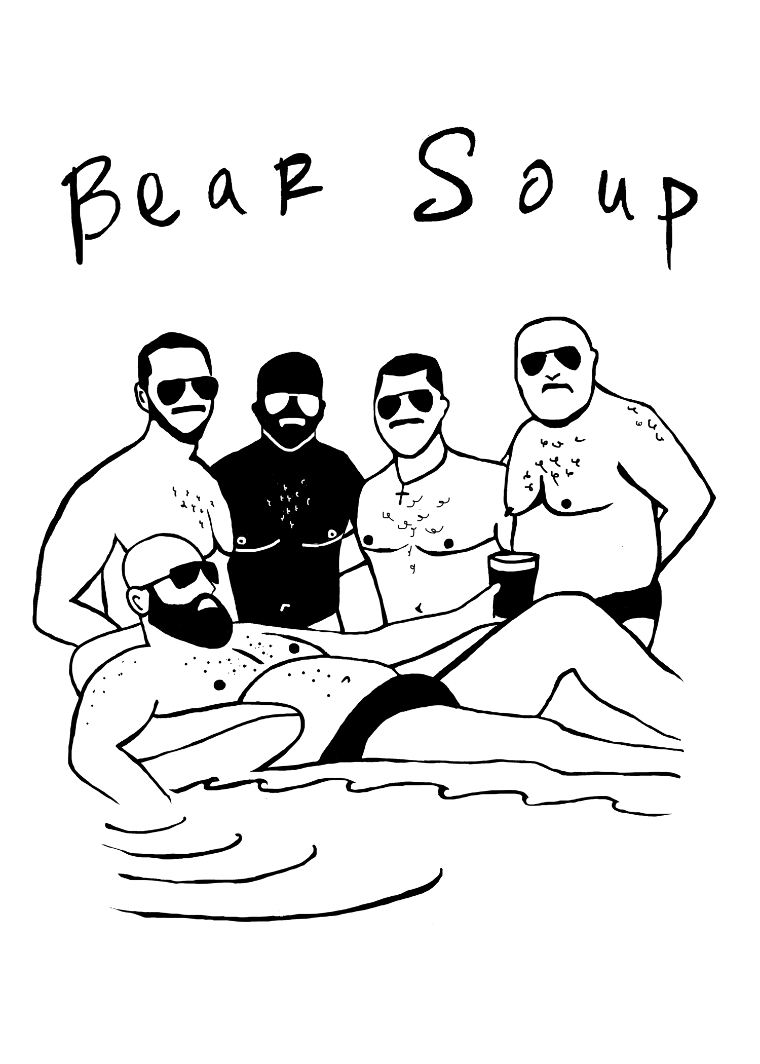 Bear Soup Print by Fryed Candy - Black and white illustration of five people in a pool with 'Bear Soup' text above.