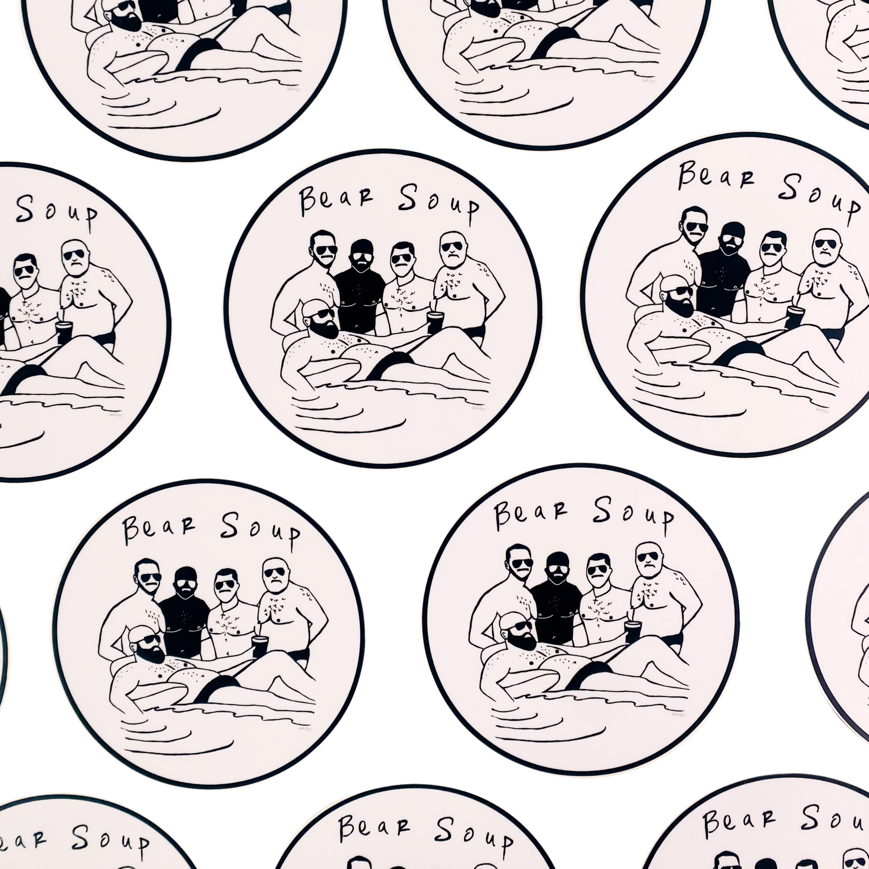 Pattern of 'Bear Soup' logo with people in swimsuits and sunglasses on a white background.
