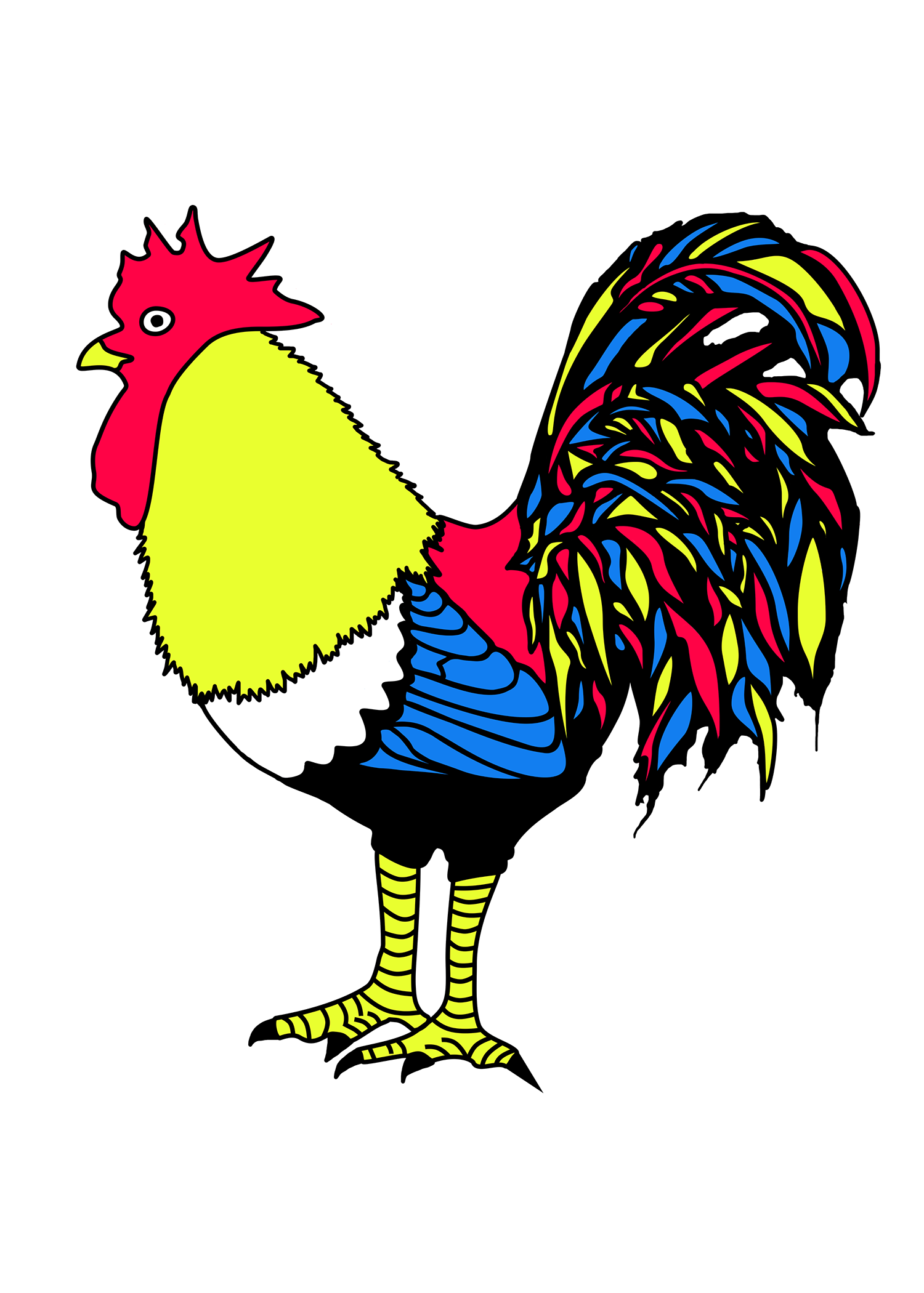 Cock Print by Fryed Candy - Colorful rooster illustration on a white background