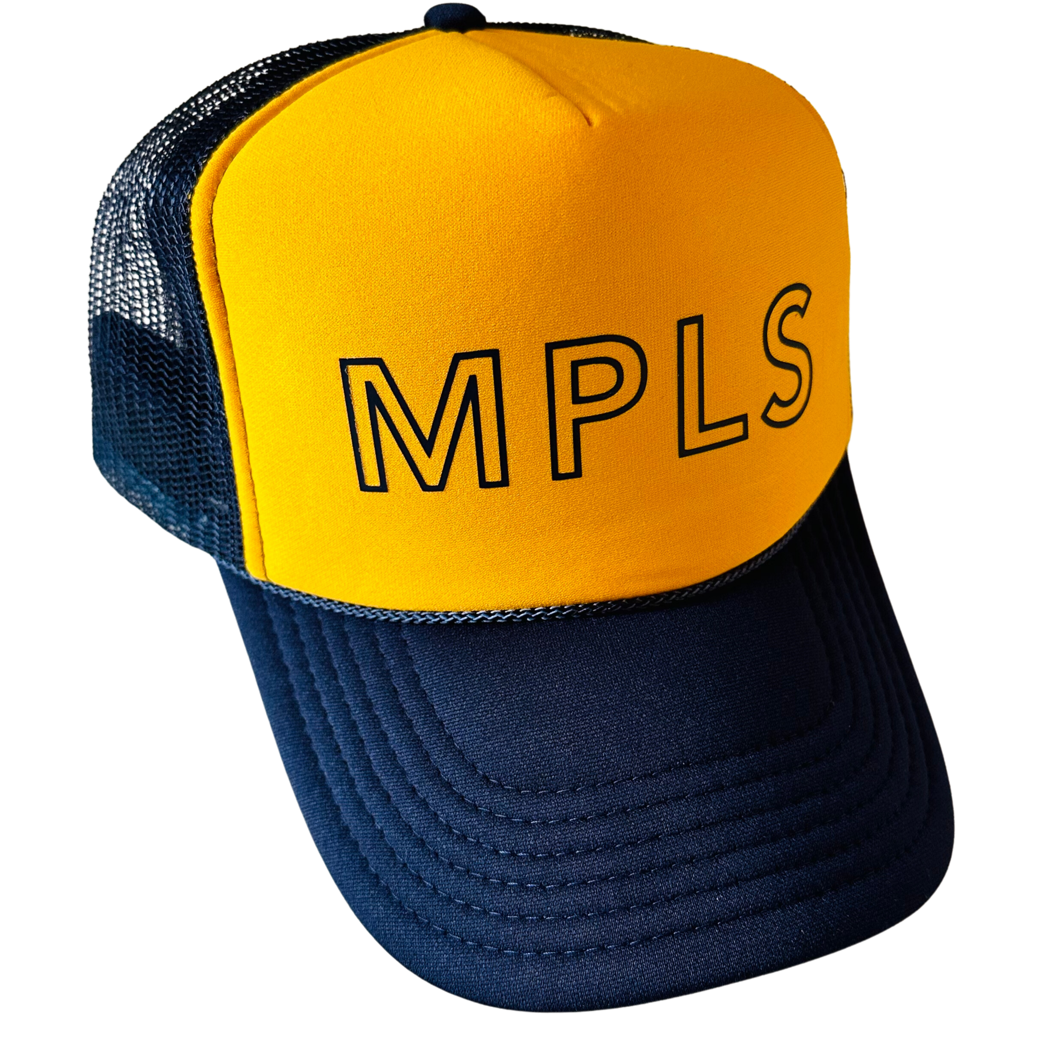 MPLS Hat by Fryed Candy - Yellow and navy trucker hat with 'MPLS' text on a white background