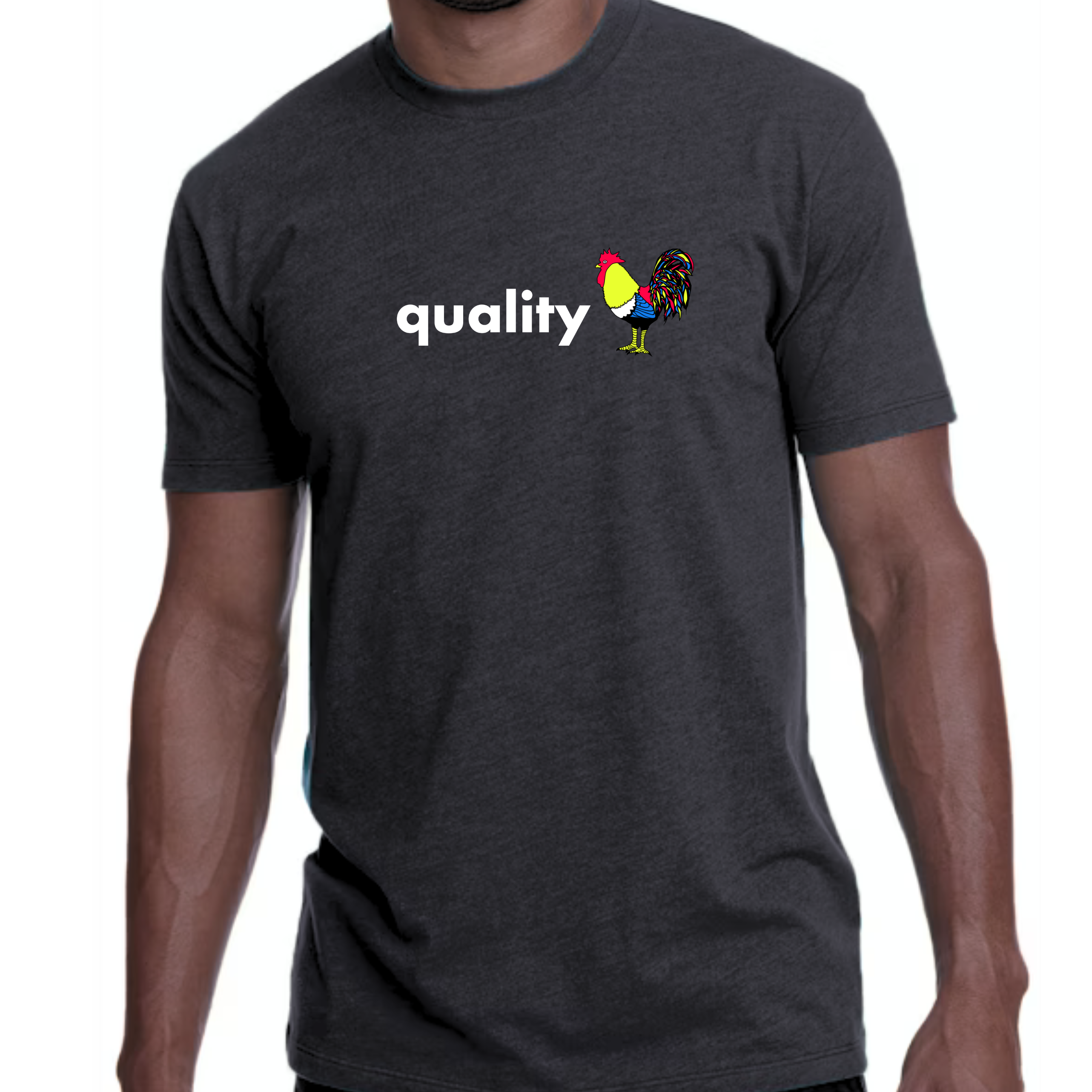 Quality Cock T-Shirt by Fryed Candy - Person wearing a dark gray t-shirt with 'quality' and rooster graphic