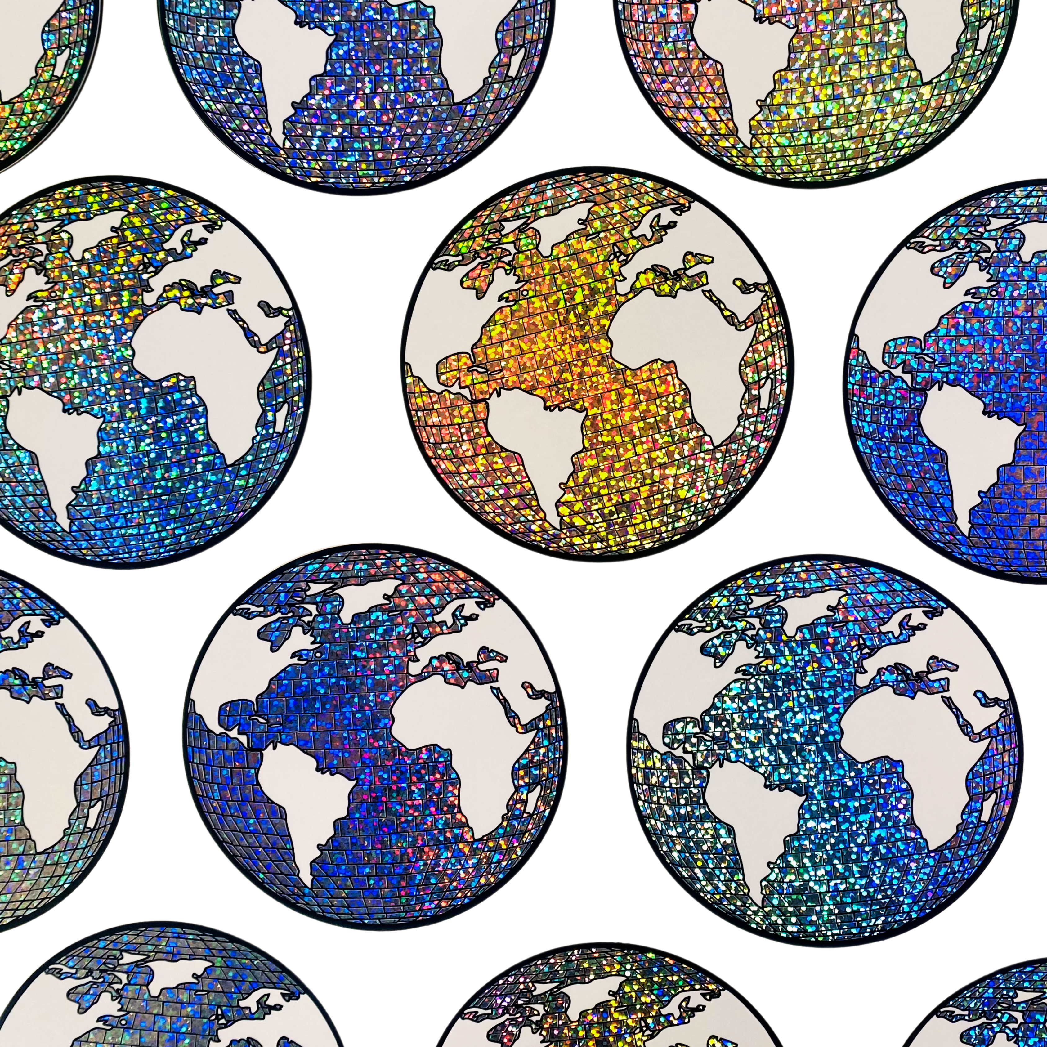 Pattern of colorful mosaic world maps on a white background
