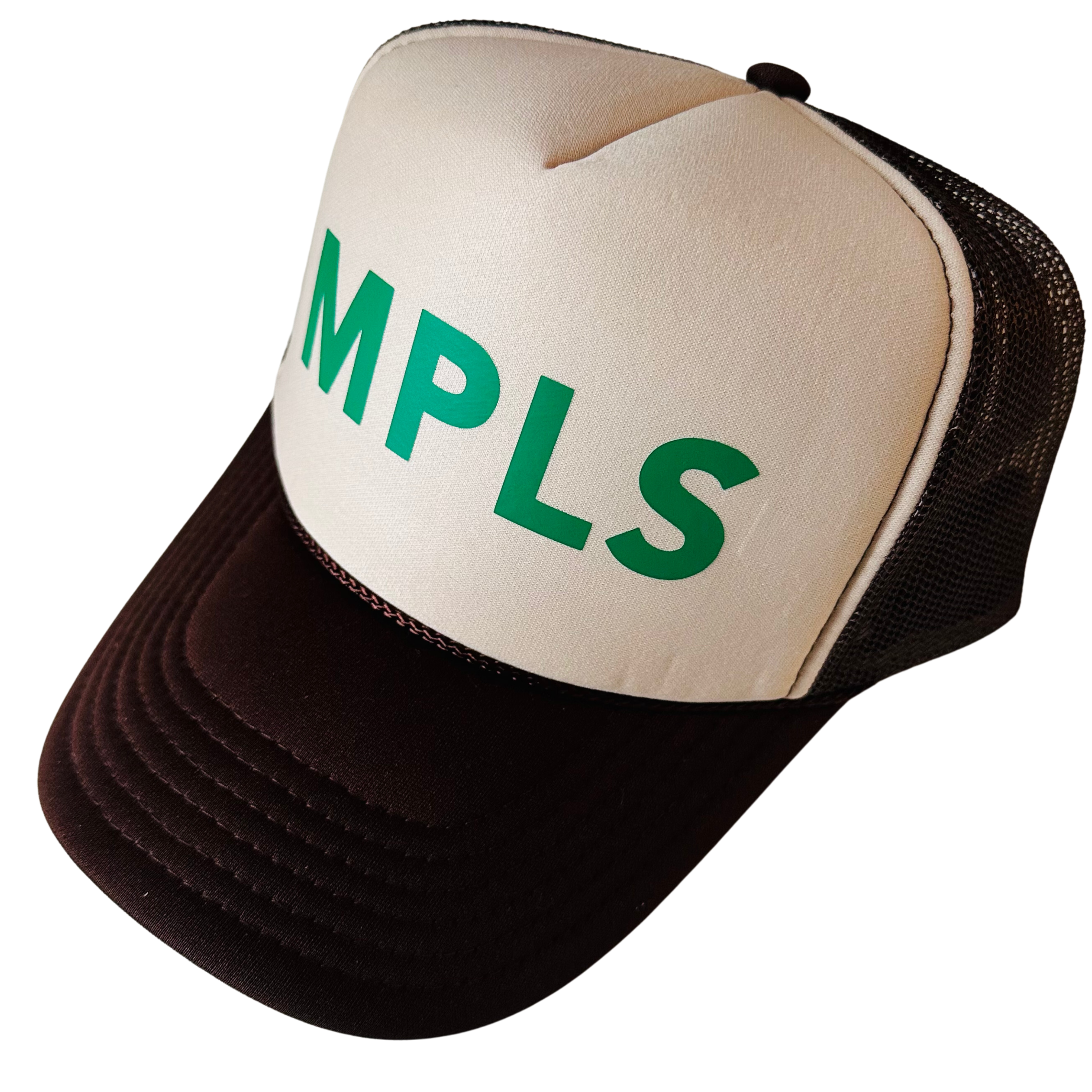 MPLS Hat by Fryed Candy - Beige cap with green 'MPLS' text on a white background