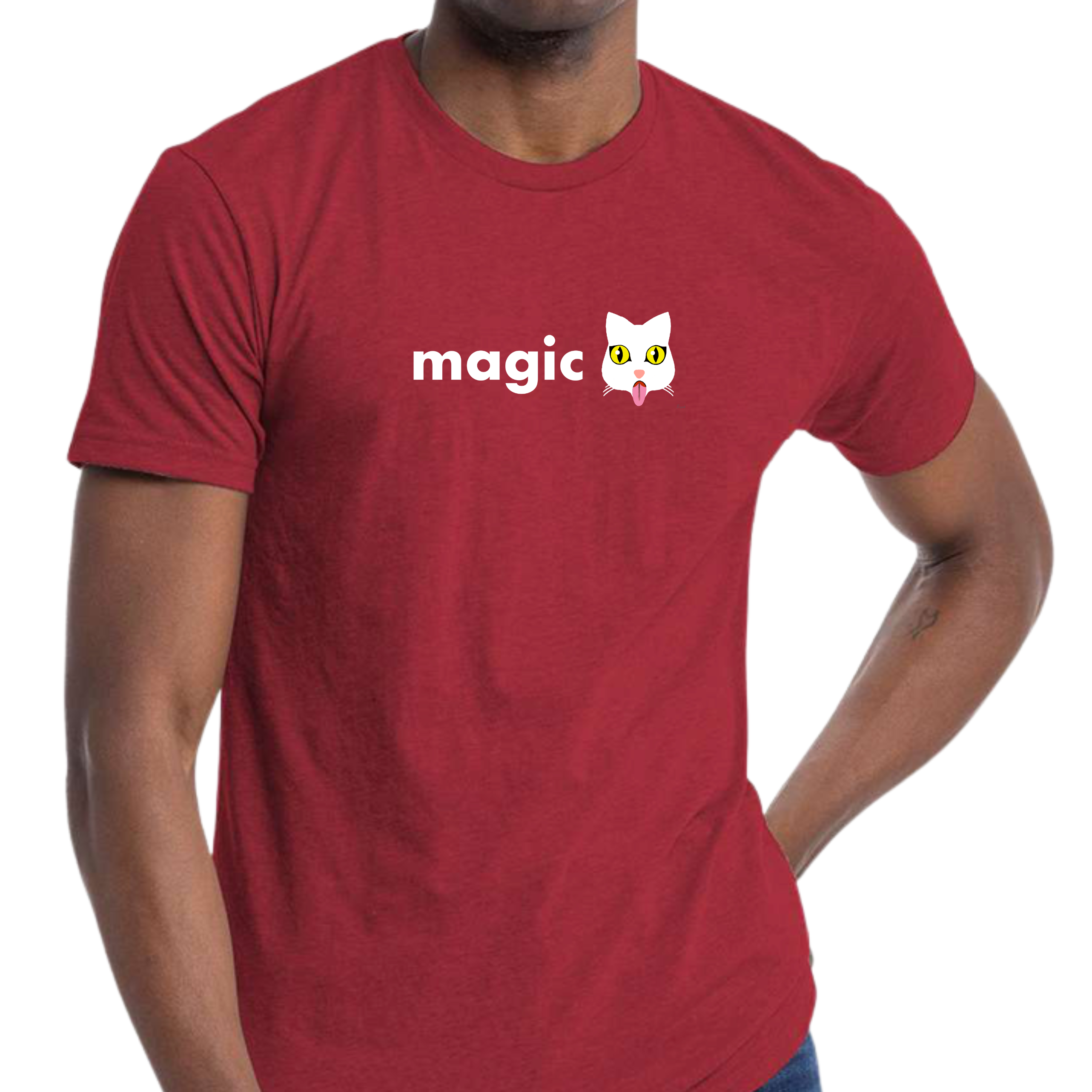 Magic Puss T-Shirt by Fryed Candy - Red t-shirt with 'magic' and a cat graphic worn by a person on a white background