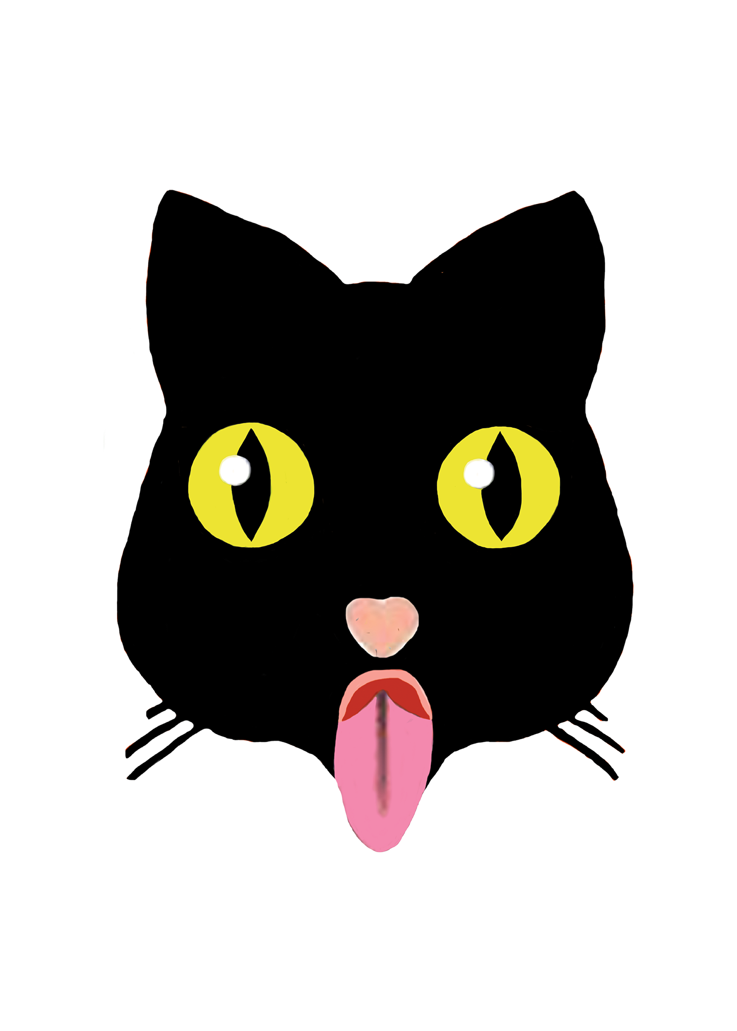 Puss Print by Fryed Candy - Illustration of a black cat with yellow eyes and a pink tongue on a white background