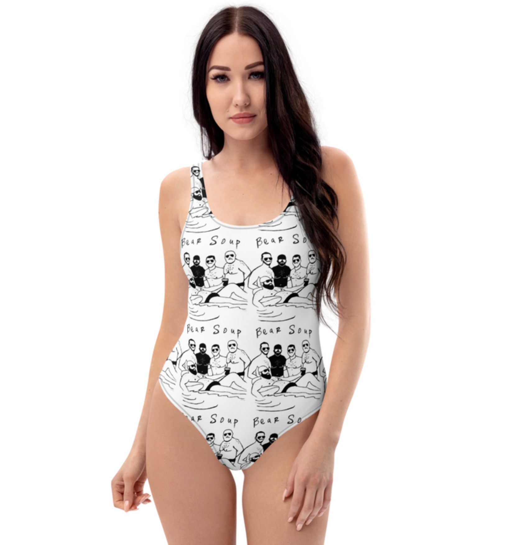 Bear Soup Swimsuit by Fryed Candy - Woman wearing a white swimsuit with black graphic design on a white background