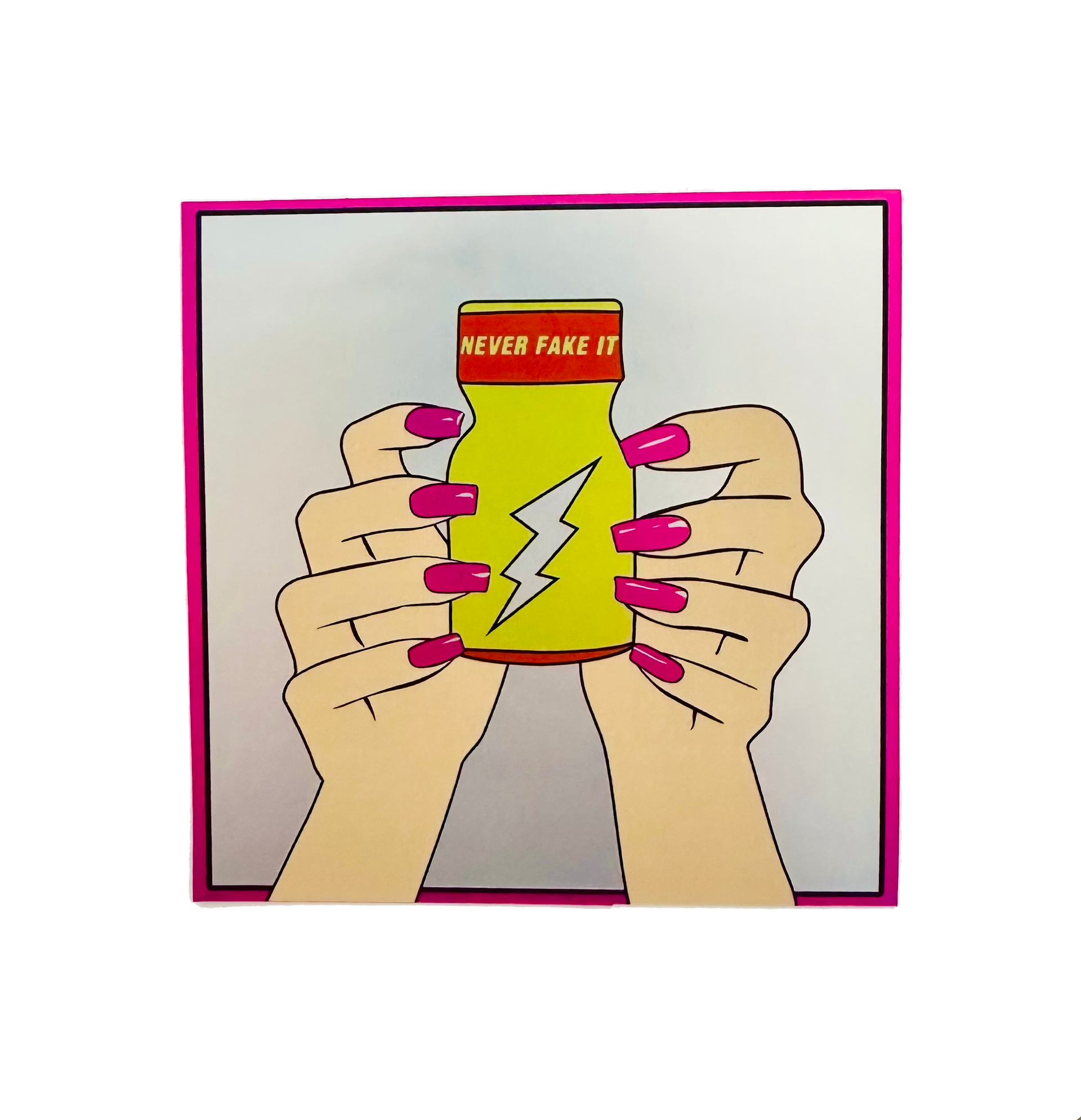 Never Fake It Sticker by Fryed Candy - Illustration of hands holding a yellow bottle with a red cap and lightning bolt design, on a white background.