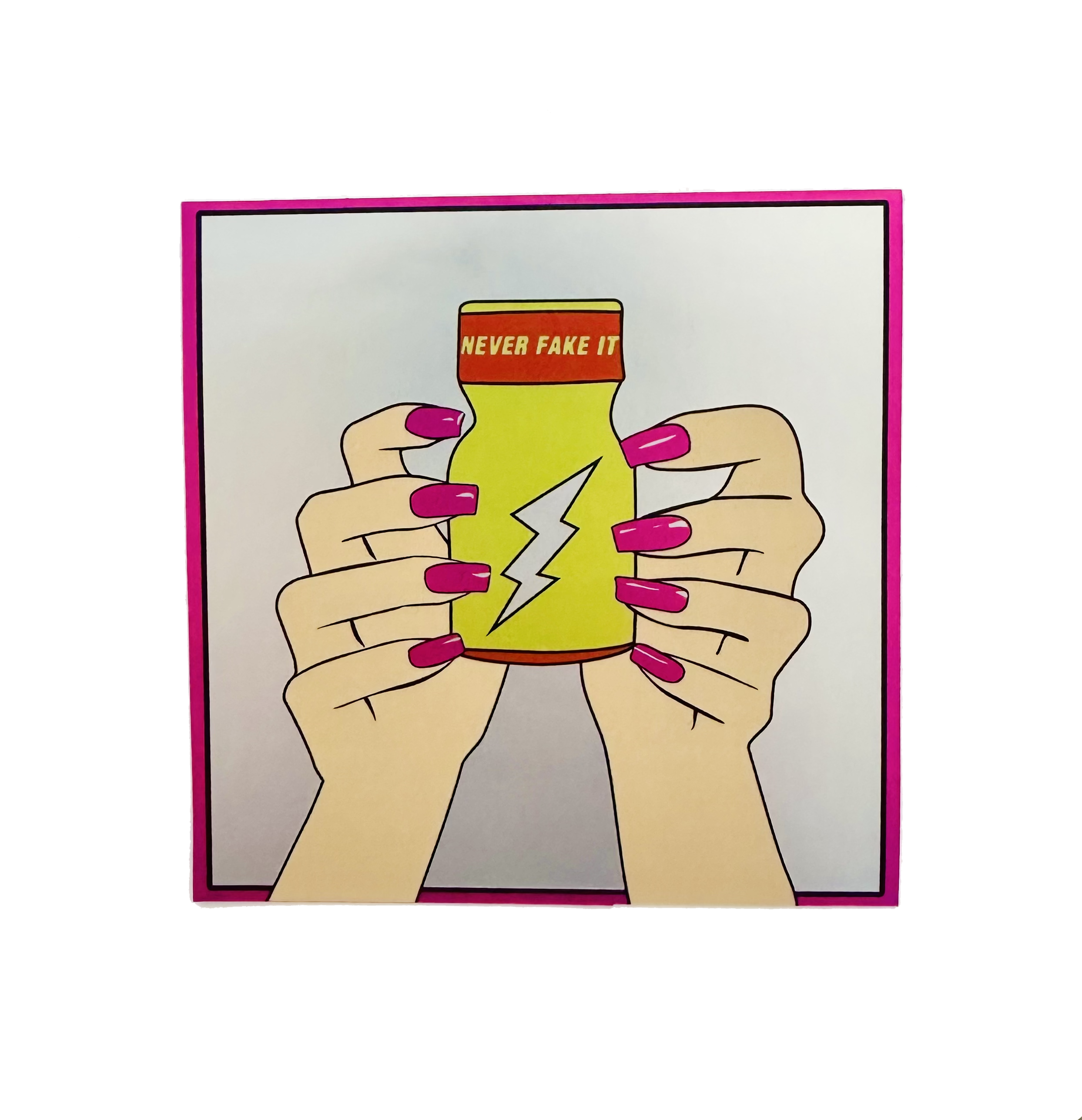 Never Fake It Sticker by Fryed Candy - Illustration of hands holding a yellow bottle with a red cap and lightning bolt design, on a white background.