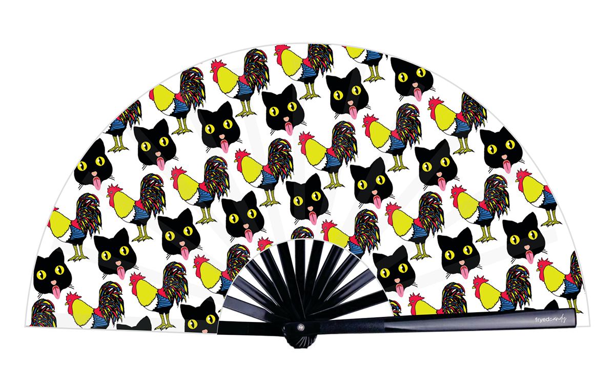 Cock N Puss Fan by Fryed Candy - Handheld fan with black cats and roosters pattern on a white background