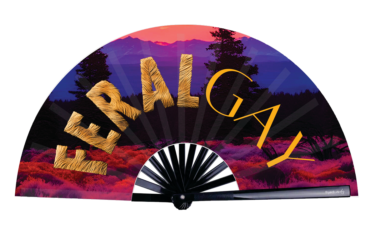 Feral Gay Fan by Fryed Candy - Fan with 'LIBERAL GAY' text against a colorful landscape background