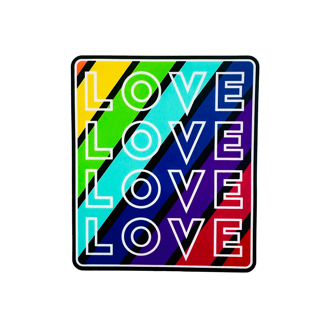 Love Sticker by Fryed Candy - Colorful 'LOVE' sign with rainbow stripes on a white background