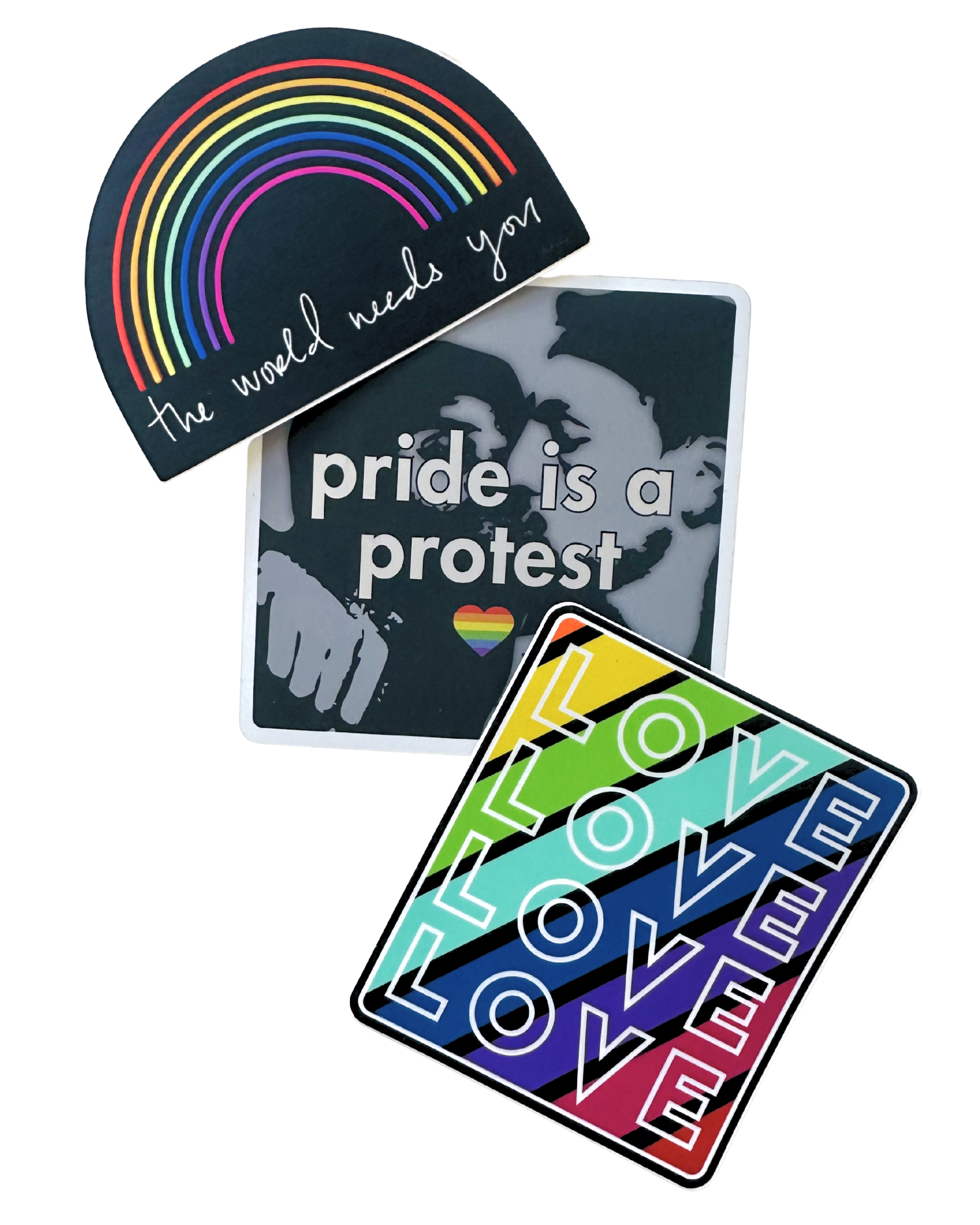 Pride Sticker Pack by Fryed Candy - Three Pride-themed stickers with rainbow designs and text on a white background