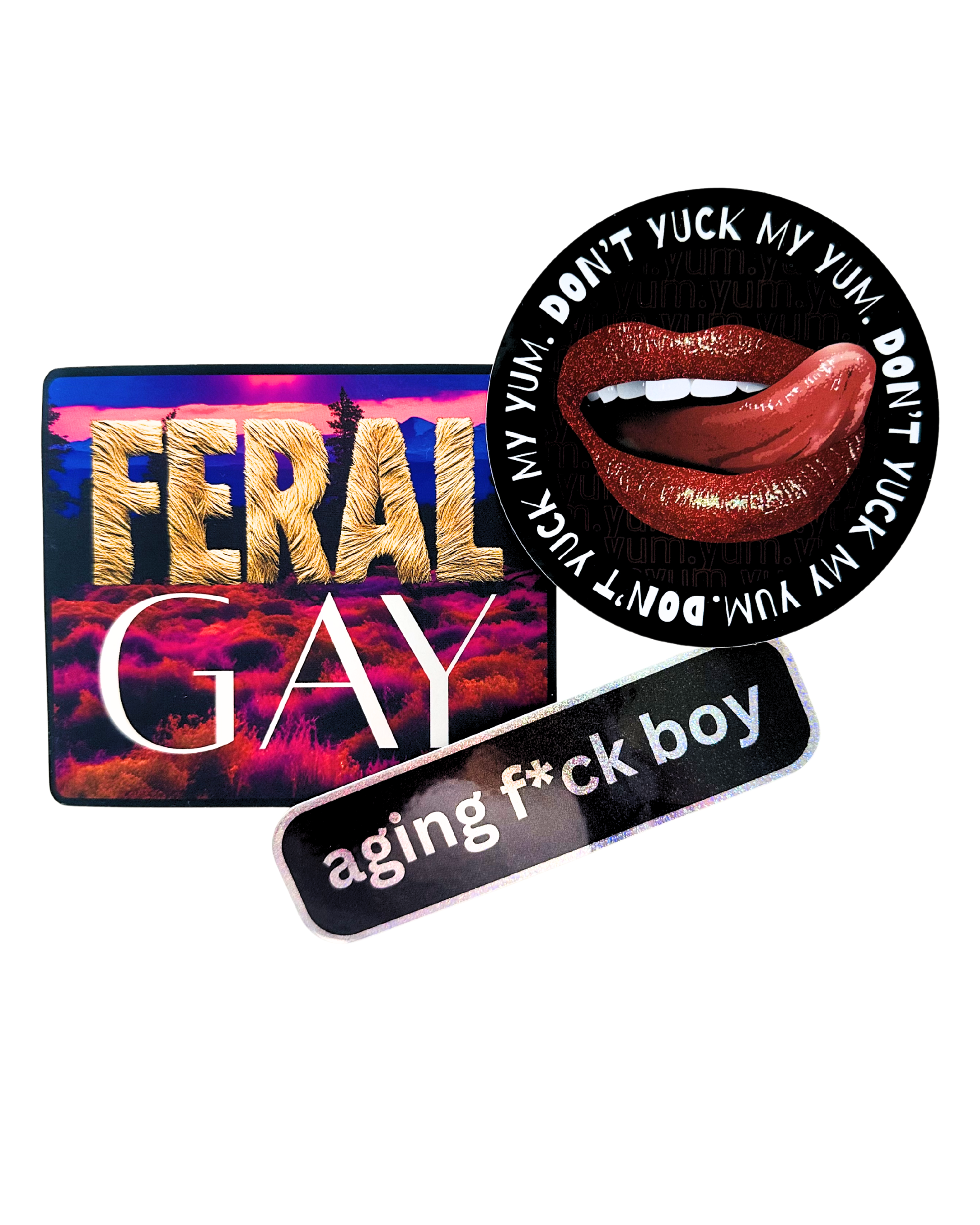 Stud Sticker Pack by Fryed Candy - Three stickers with different designs and text on a white background