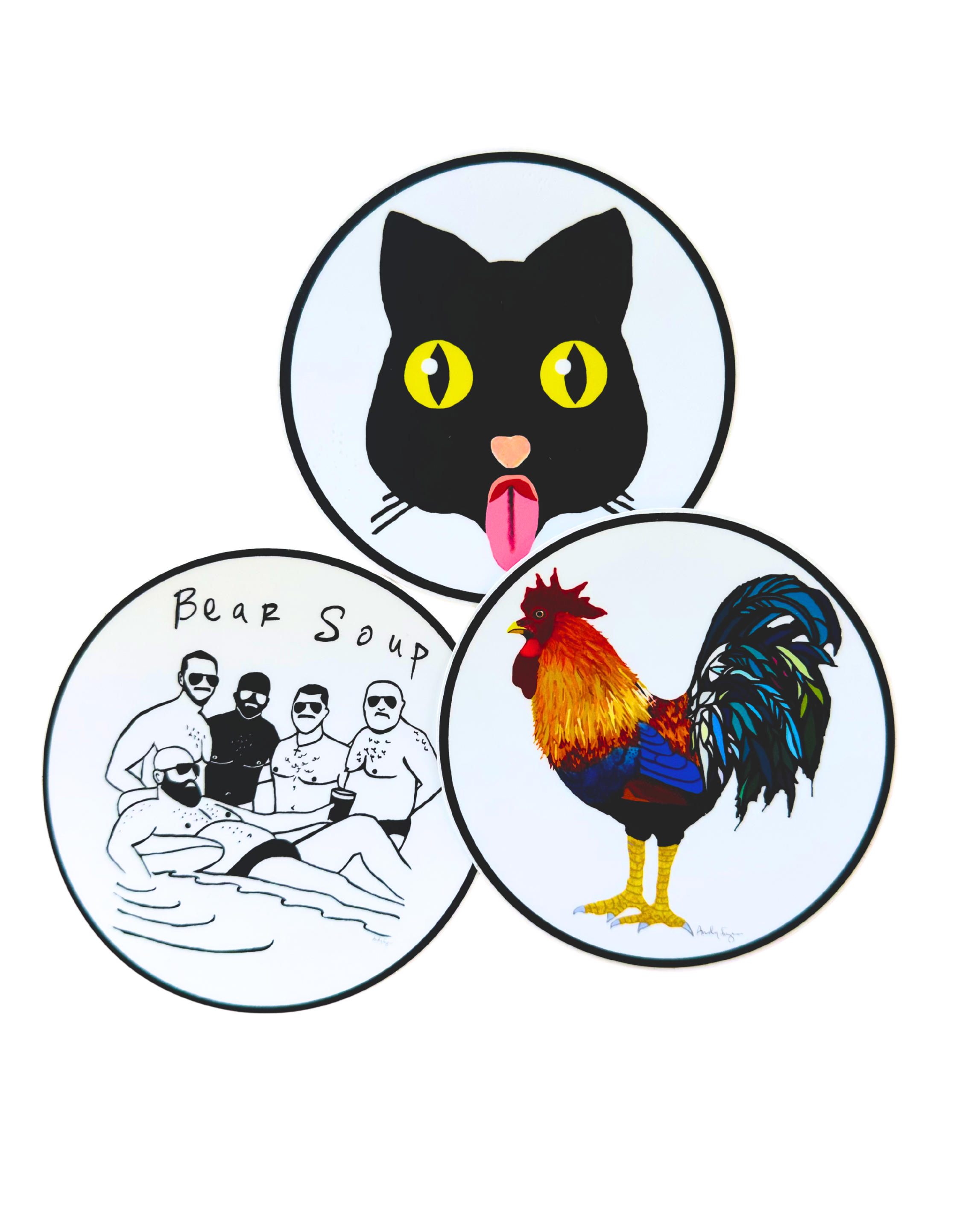 Critter Pack of Stickers by Fryed Candy - Three circular illustrations of a black cat, a rooster, and a group of people with text on a white background