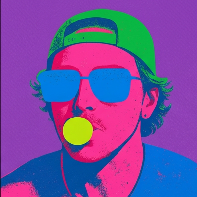 Andy Frye Illustration - Six colorful portraits of a person wearing sunglasses and a cap, with each portrait in a different color.