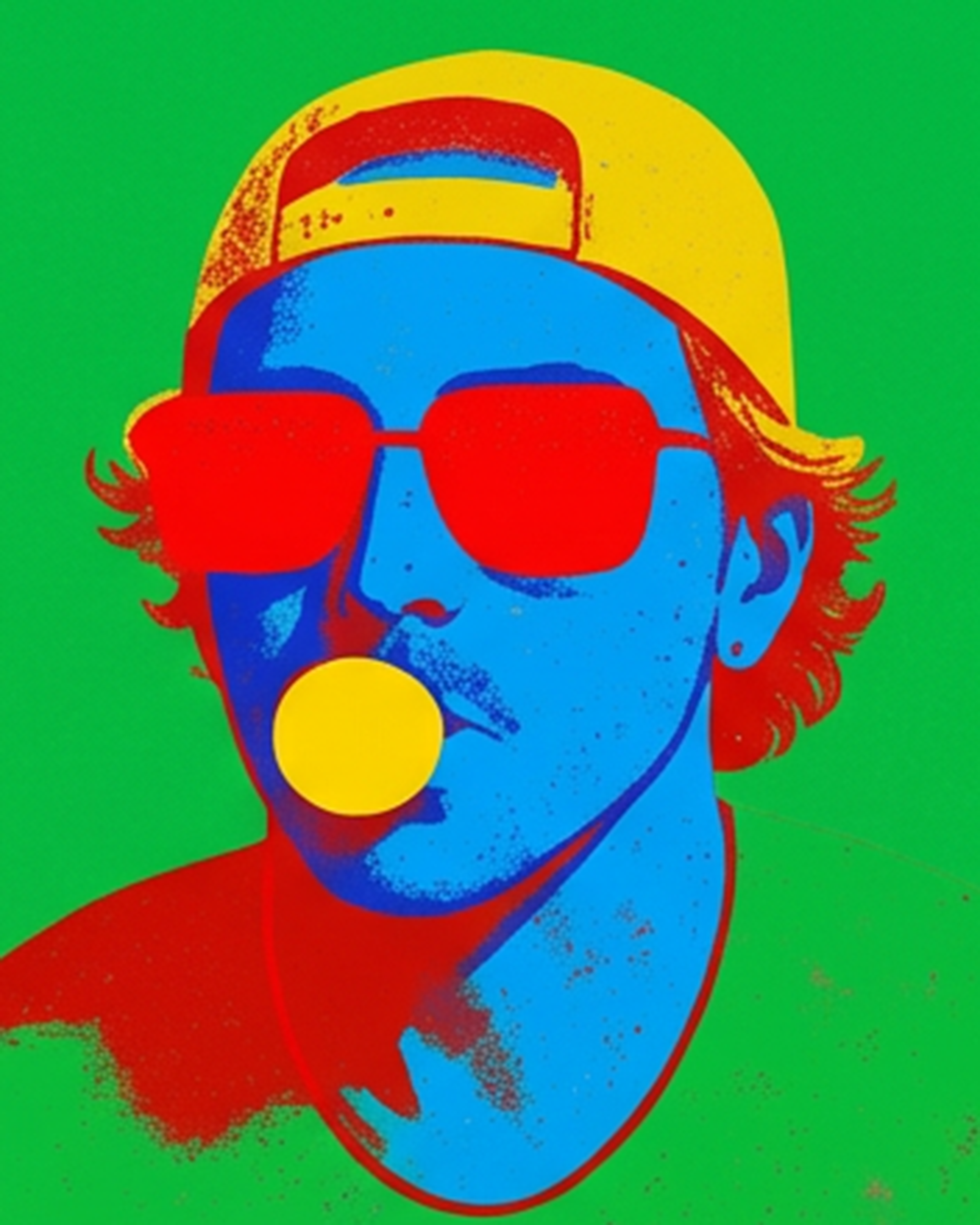 Andy Frye Illustration - Colorful graphic of a person wearing a yellow cap, red sunglasses, and a blue face on a green background.