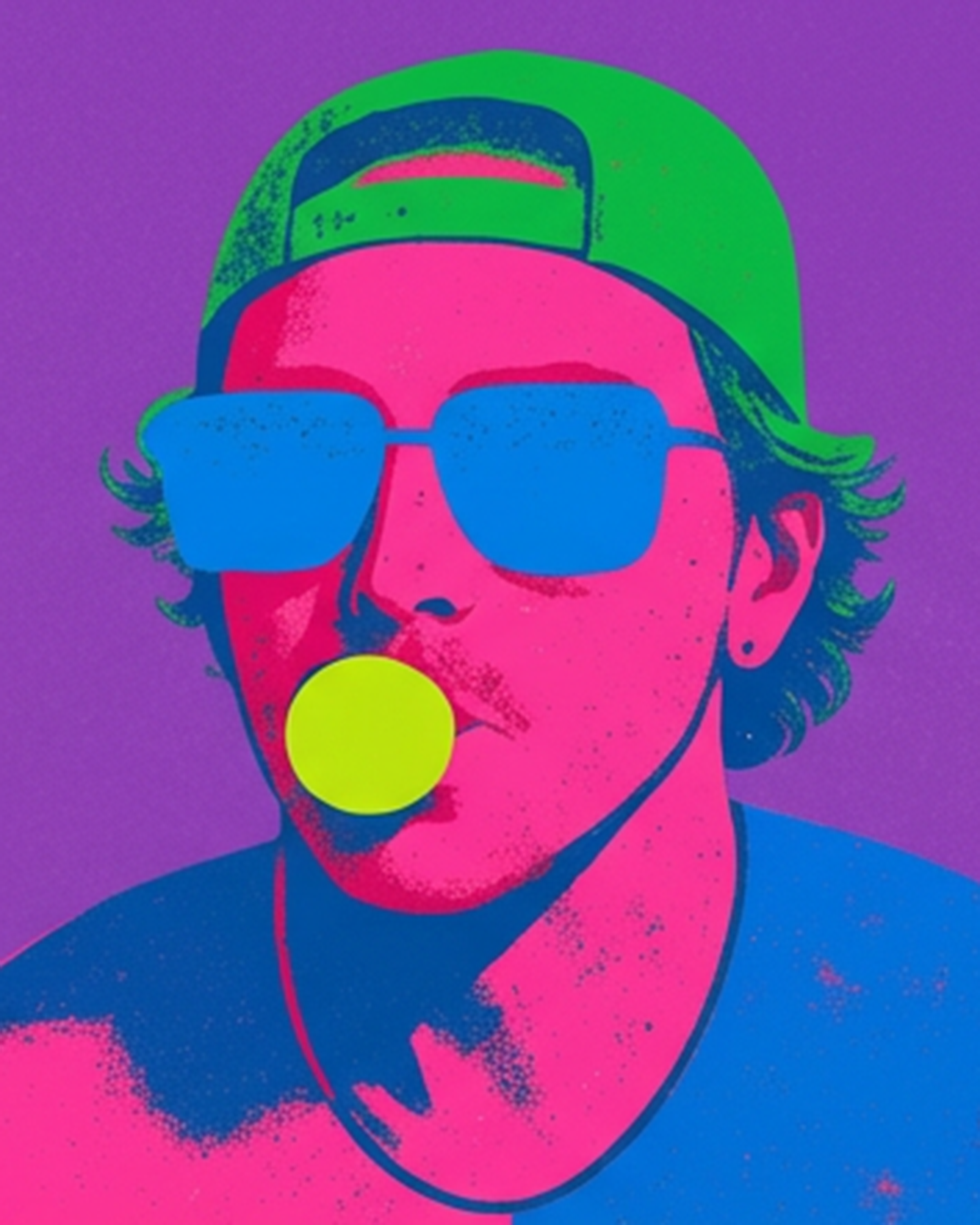 Andy Frye Illustration - Person wearing a green cap and blue sunglasses with a purple background