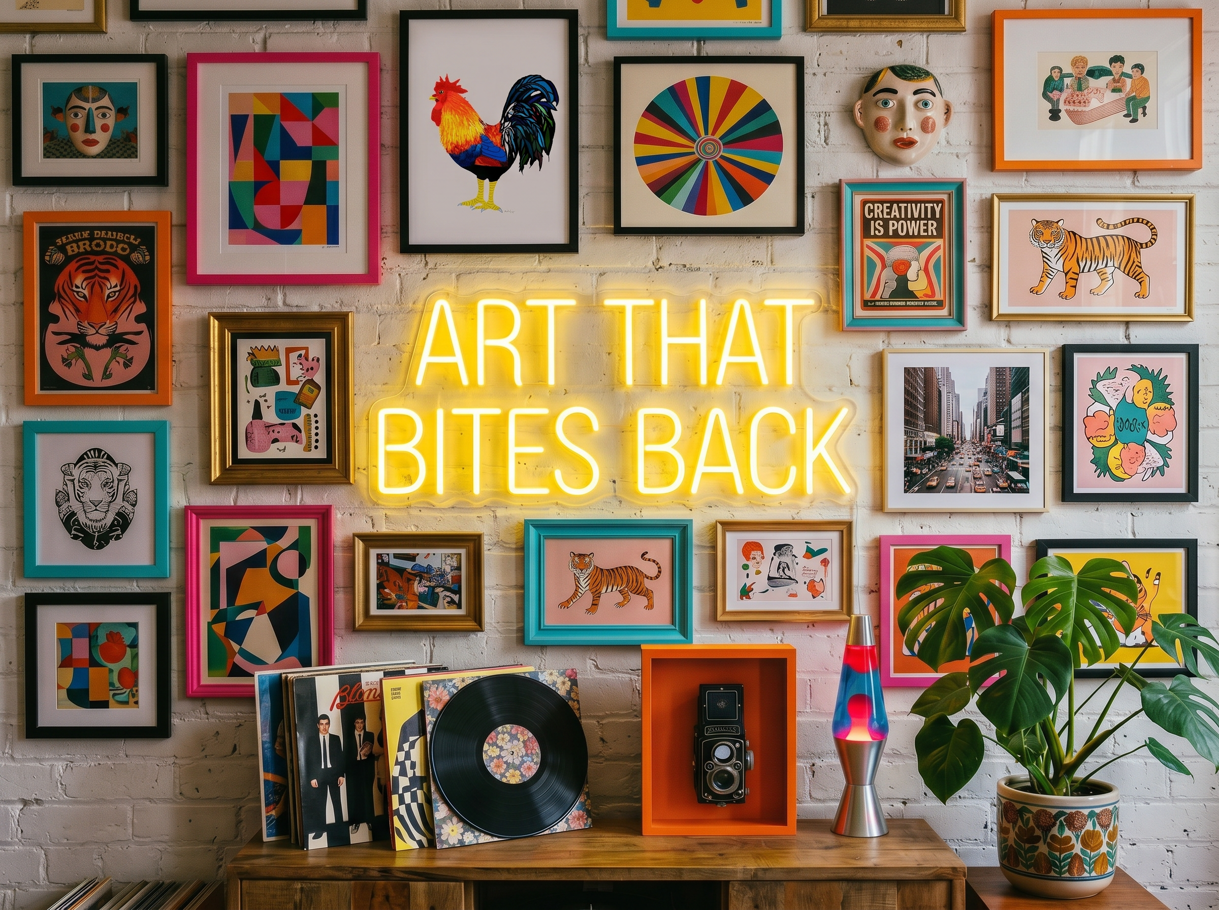 Collage of art on a brick wall surrounding a neon "Art That Bites Back" sign.