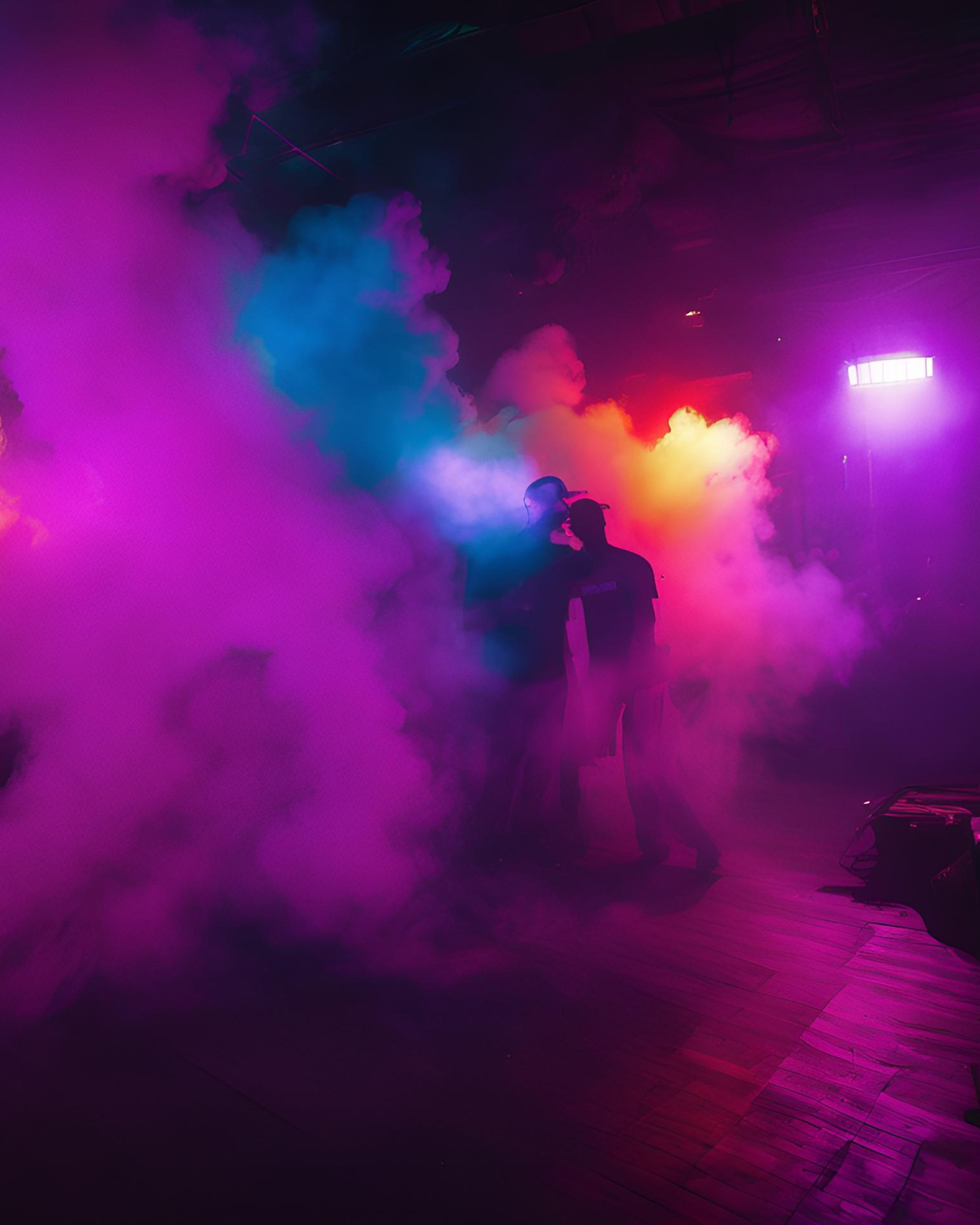 Two people embracing in a cloud of colorful smoke with vibrant lights in the background