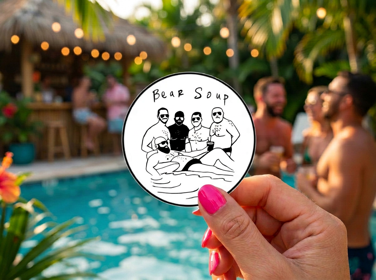 Bear Soup Sticker by Fryed Candy - Person holding a 'Bear Soup' sticker with a pool party in the background
