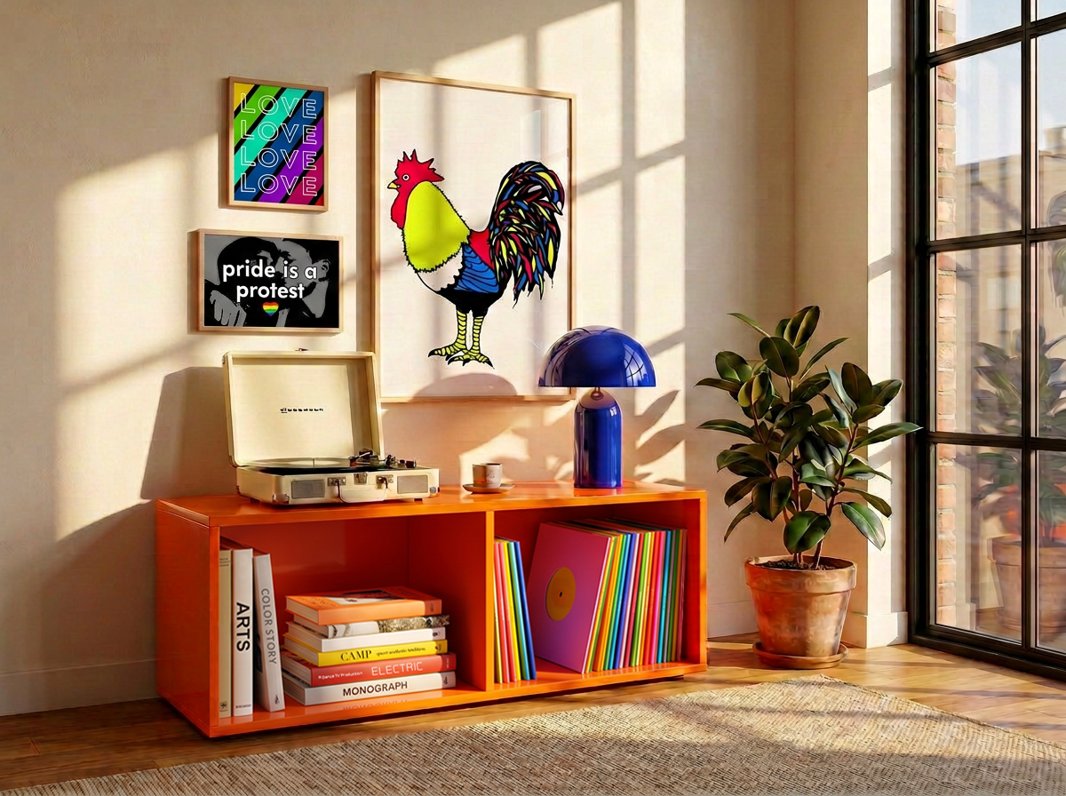 Orange bookshelf with books, a record player, and decorative items in a sunlit room.