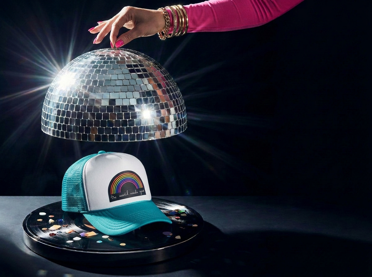 Hand reaching towards a disco ball with a cap underneath on a dark background